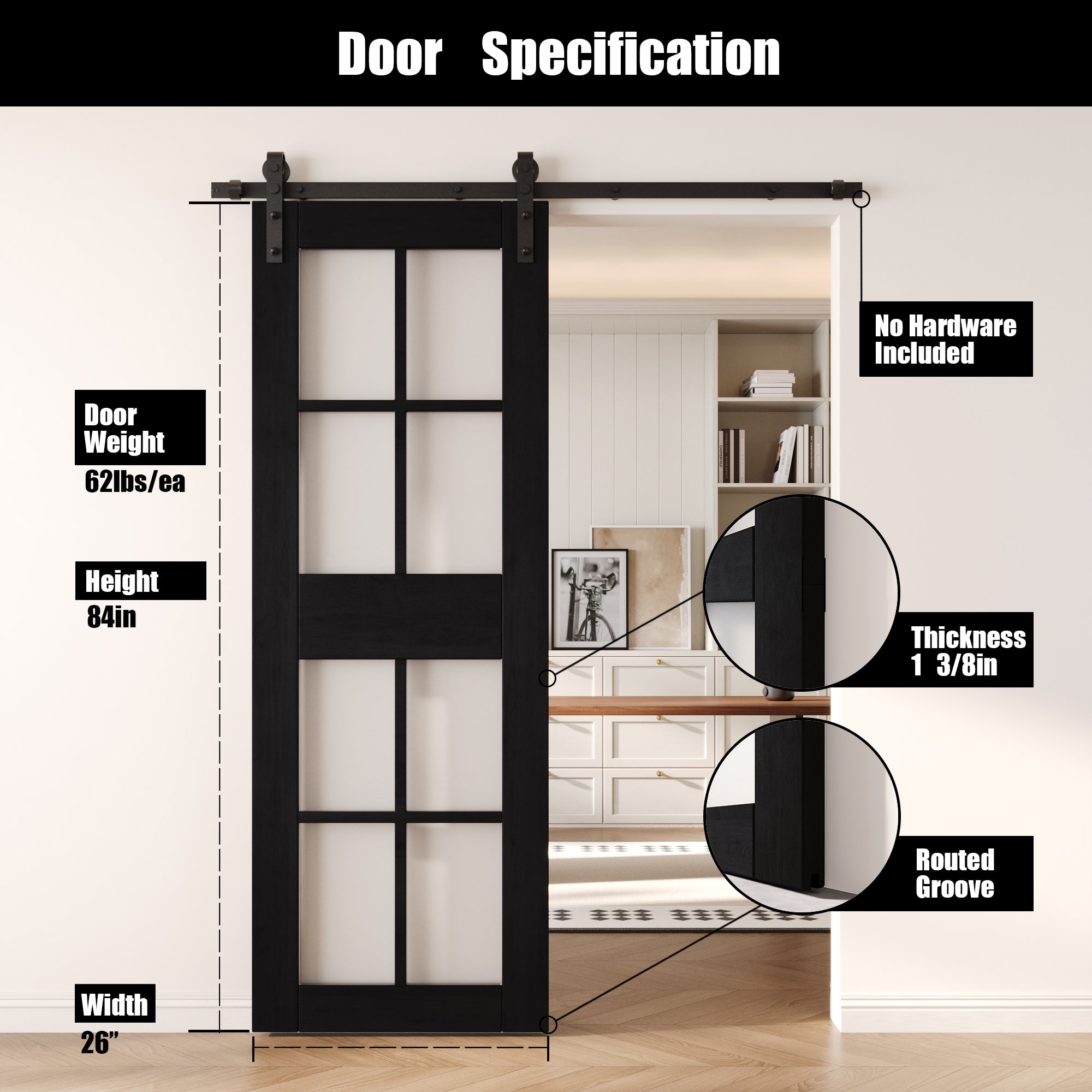 84" Height Black 8-Lite Frosted Glass Unassembled & Finished Pine Wood Barn Door (Interior Use Only)