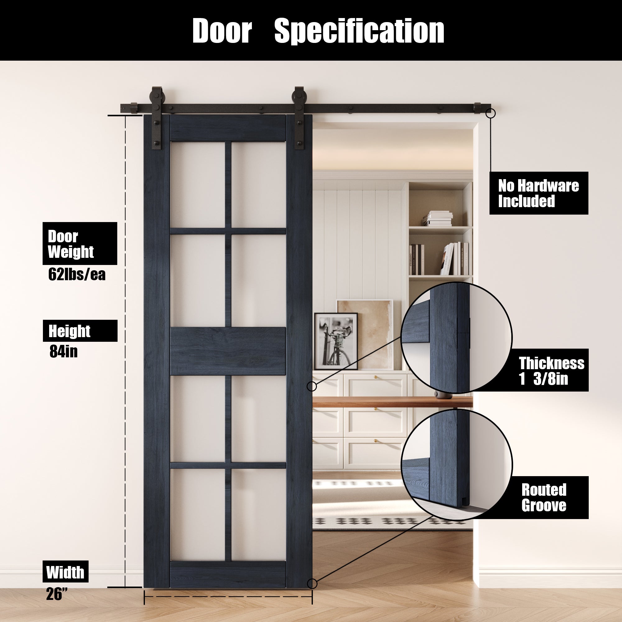 84" Height Navy 8-Lite Frosted Glass Unassembled & Finished Pine Wood Barn Door (Interior Use Only)