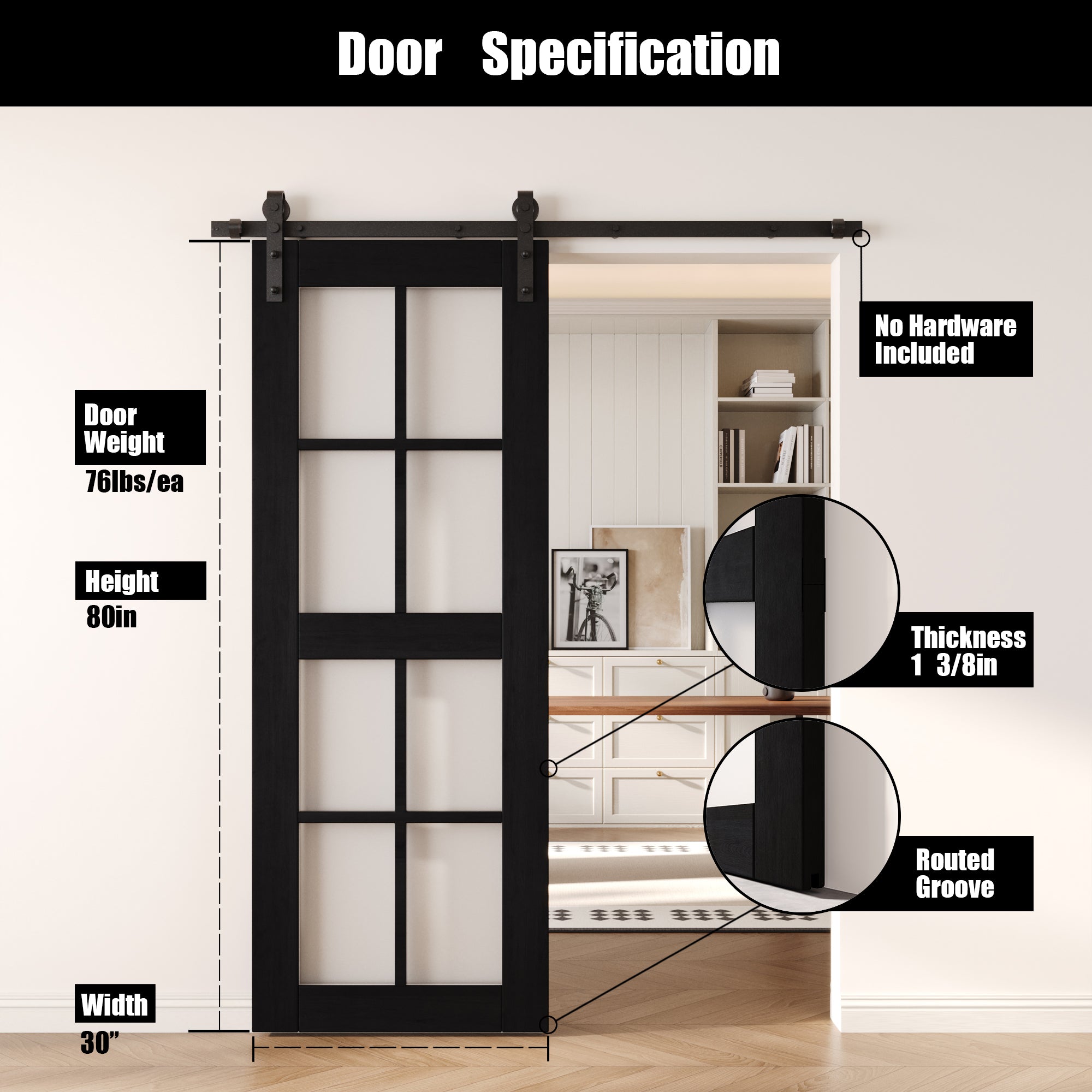 80" Height Black 8-Lite Frosted Glass Unassembled & Finished Pine Wood Barn Door (Interior Use Only)
