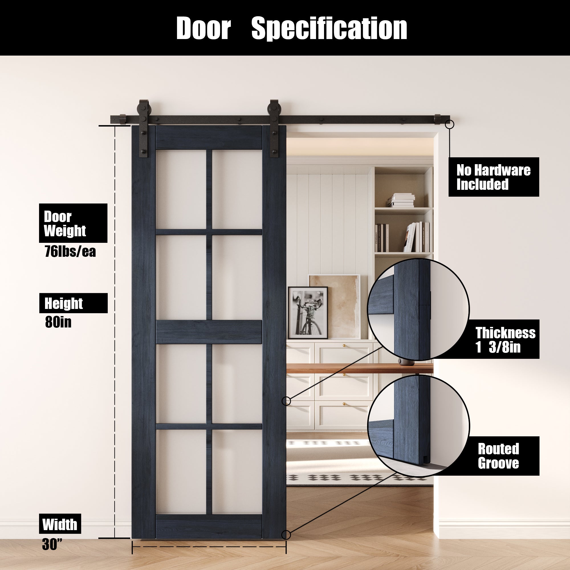 80" Height Navy 8-Lite Frosted Glass Unassembled & Finished Pine Wood Barn Door (Interior Use Only)