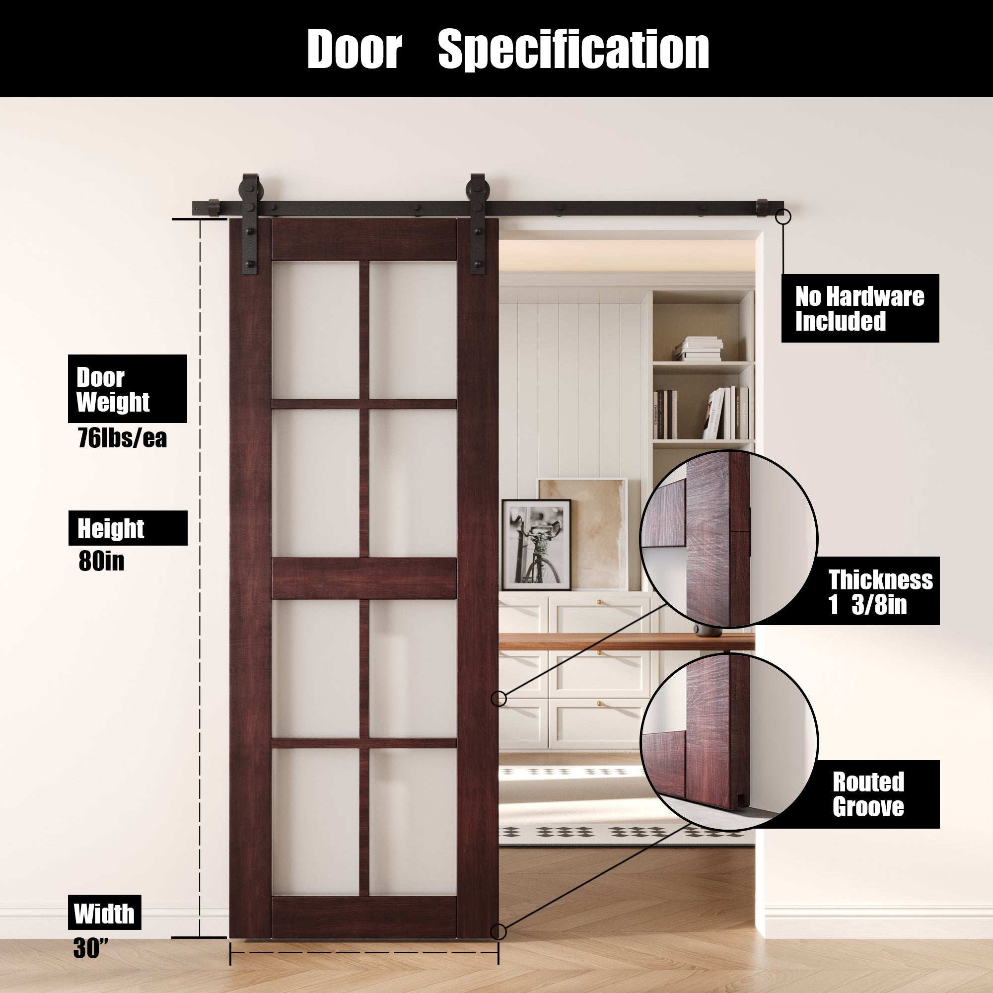 80" Height Red Mahogany 8-Lite Frosted Glass Unassembled & Finished Pine Wood Barn Door (Interior Use Only)