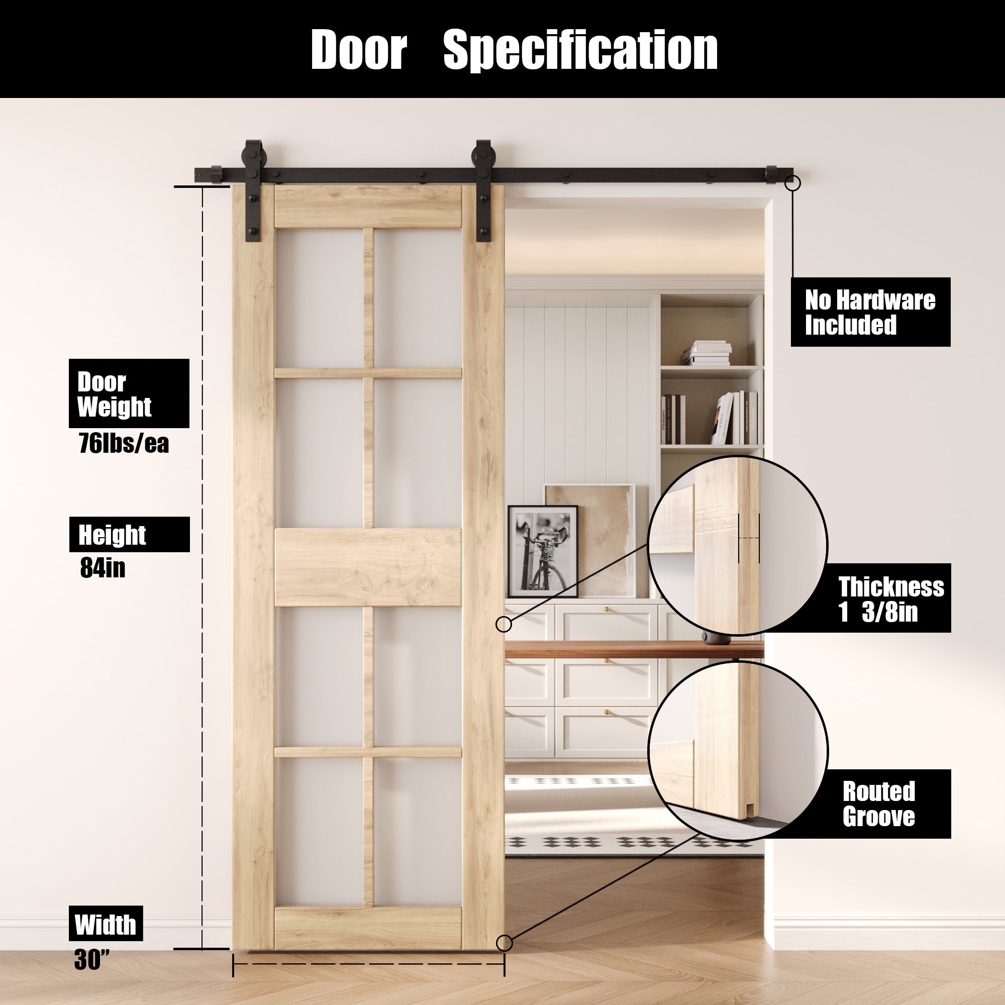 84" Height 8-Lite Frosted Glass Unassembled & Unfinished Pine Wood Barn Door (Interior Use Only)