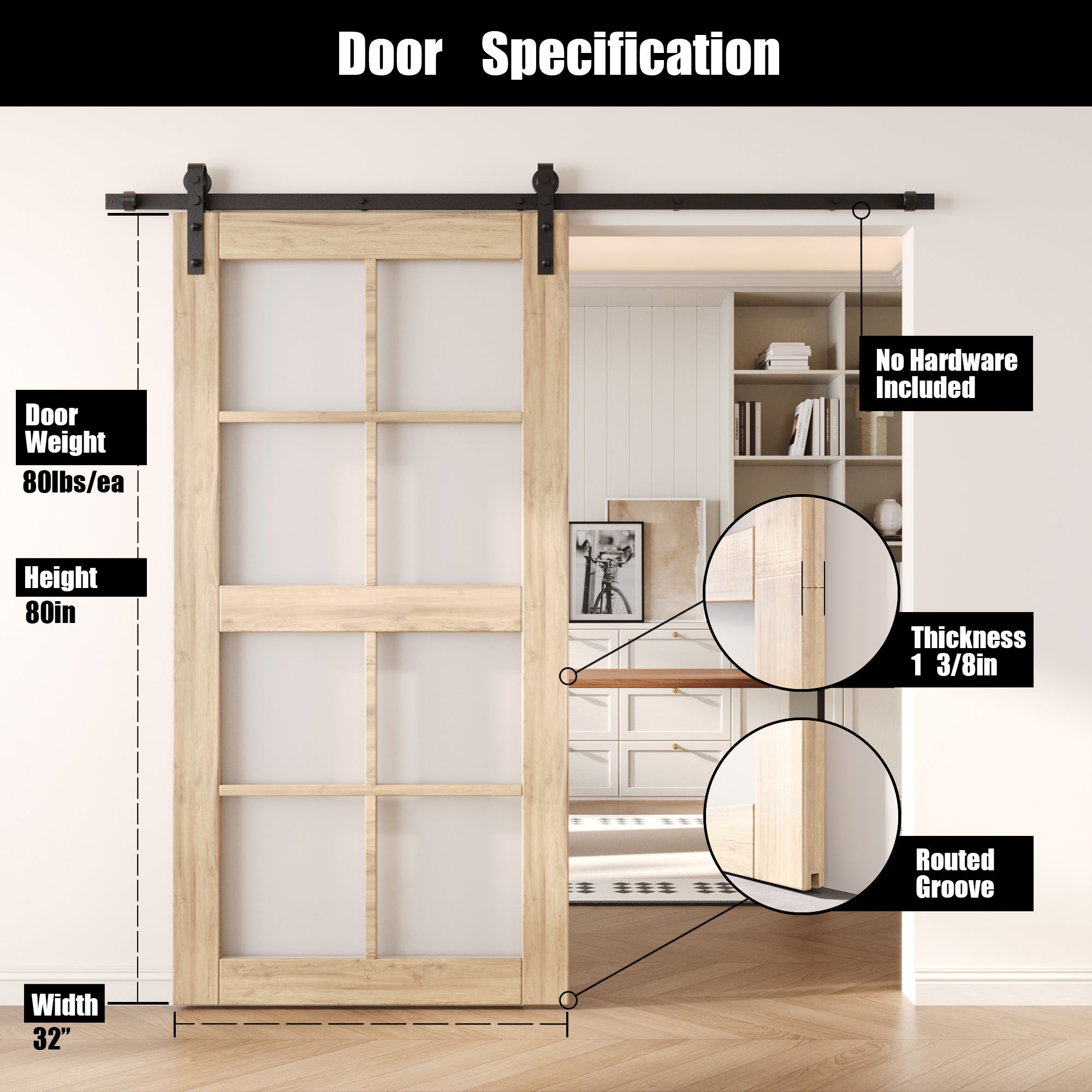 80" Height 8-Lite Frosted Glass Unassembled & Unfinished Pine Wood Barn Door (Interior Use Only)