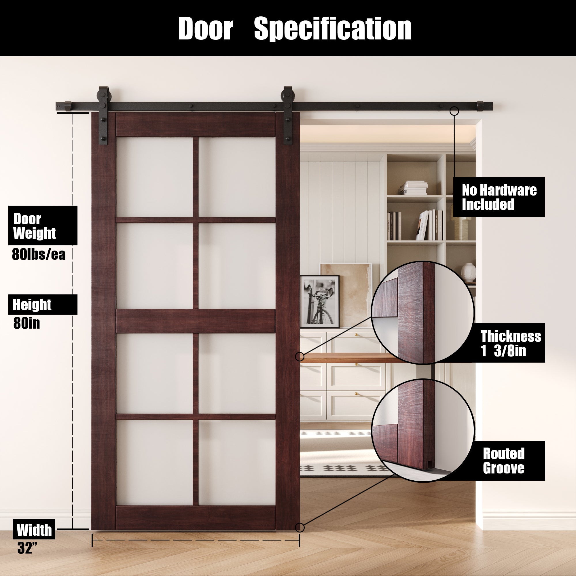 80" Height Red Mahogany 8-Lite Frosted Glass Unassembled & Finished Pine Wood Barn Door (Interior Use Only)