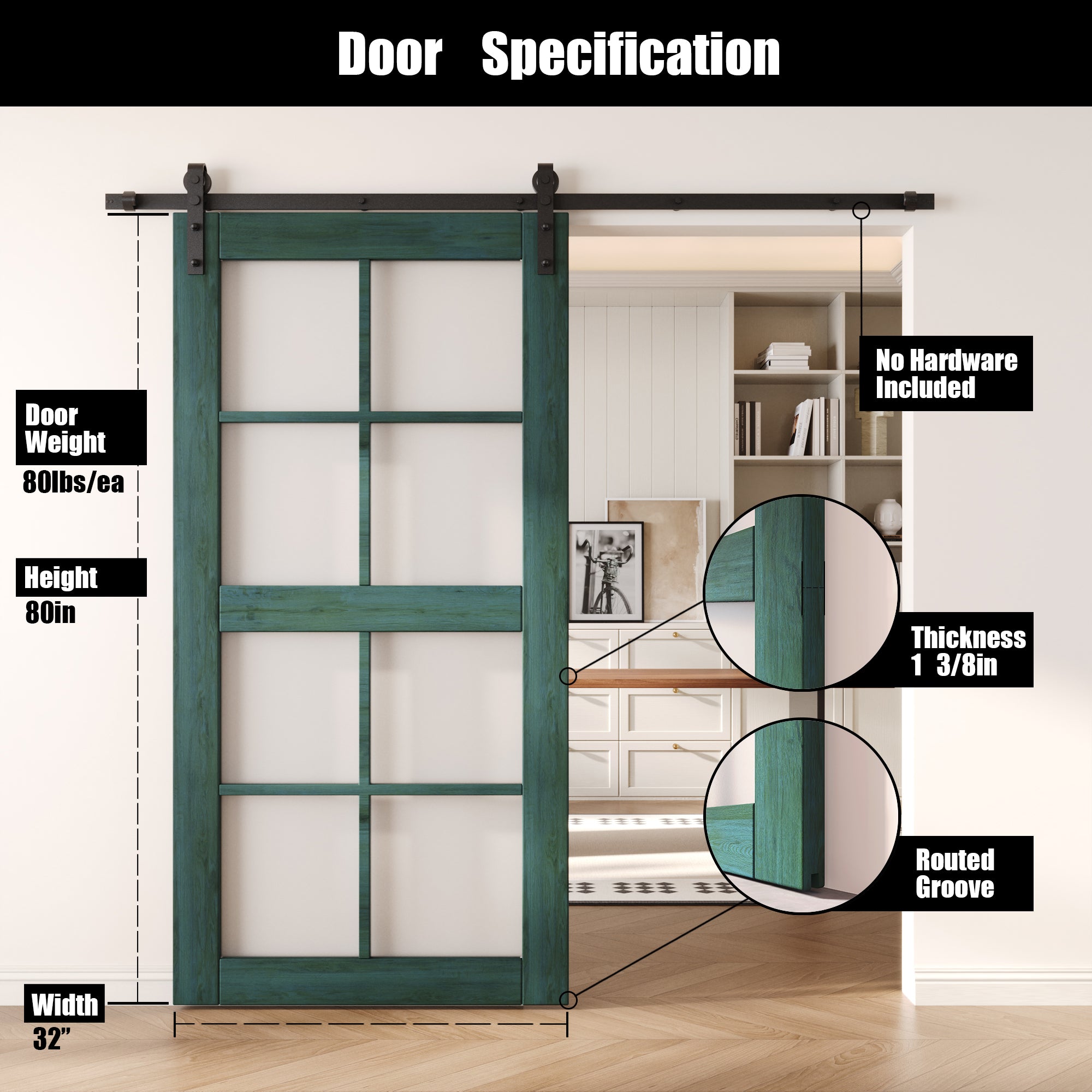 80" Height Royal Pine 8-Lite Frosted Glass Unassembled & Finished Pine Wood Barn Door (Interior Use Only)