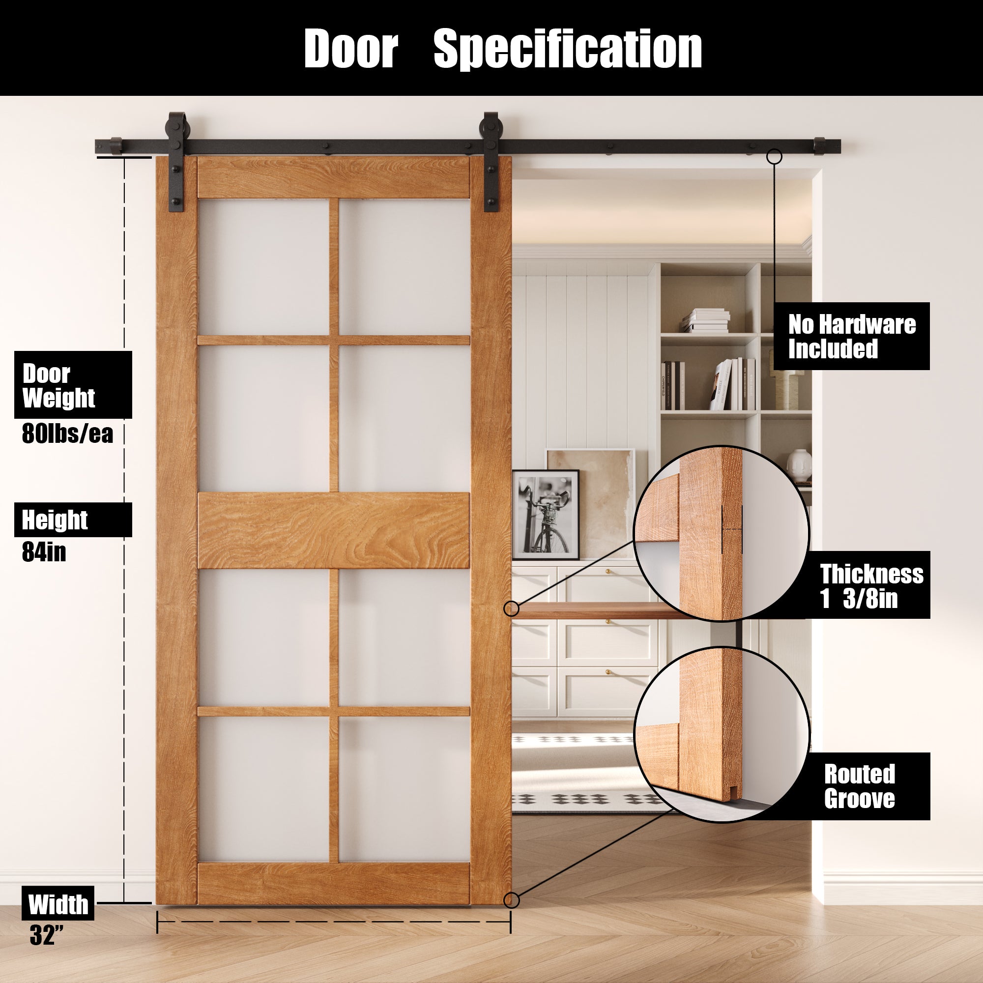 84" Height Early American 8-Lite Frosted Glass Unassembled & Finished Pine Wood Barn Door (Interior Use Only)