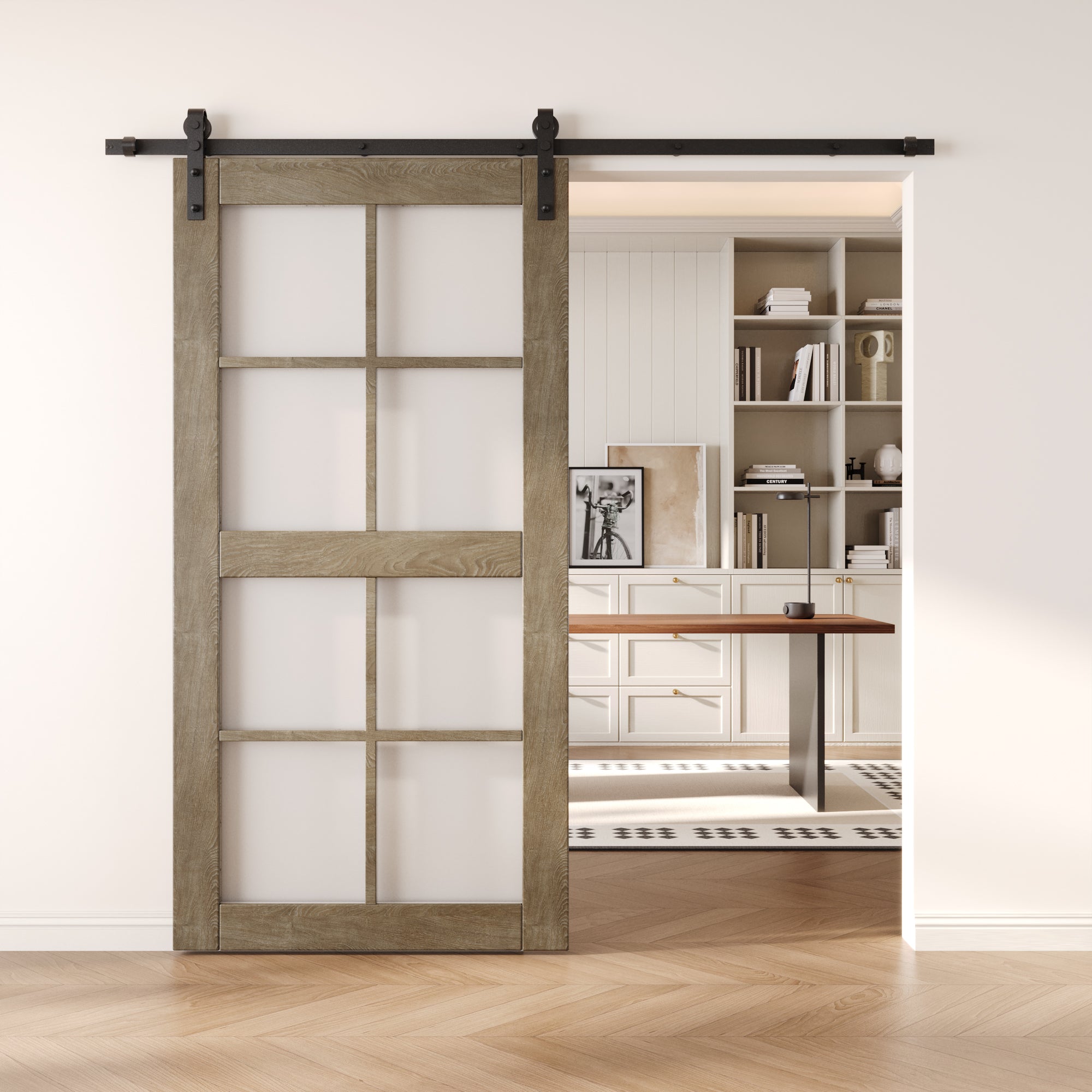 80" Height Classic Gray 8-Lite Frosted Glass Unassembled & Finished Pine Wood Barn Door (Interior Use Only)