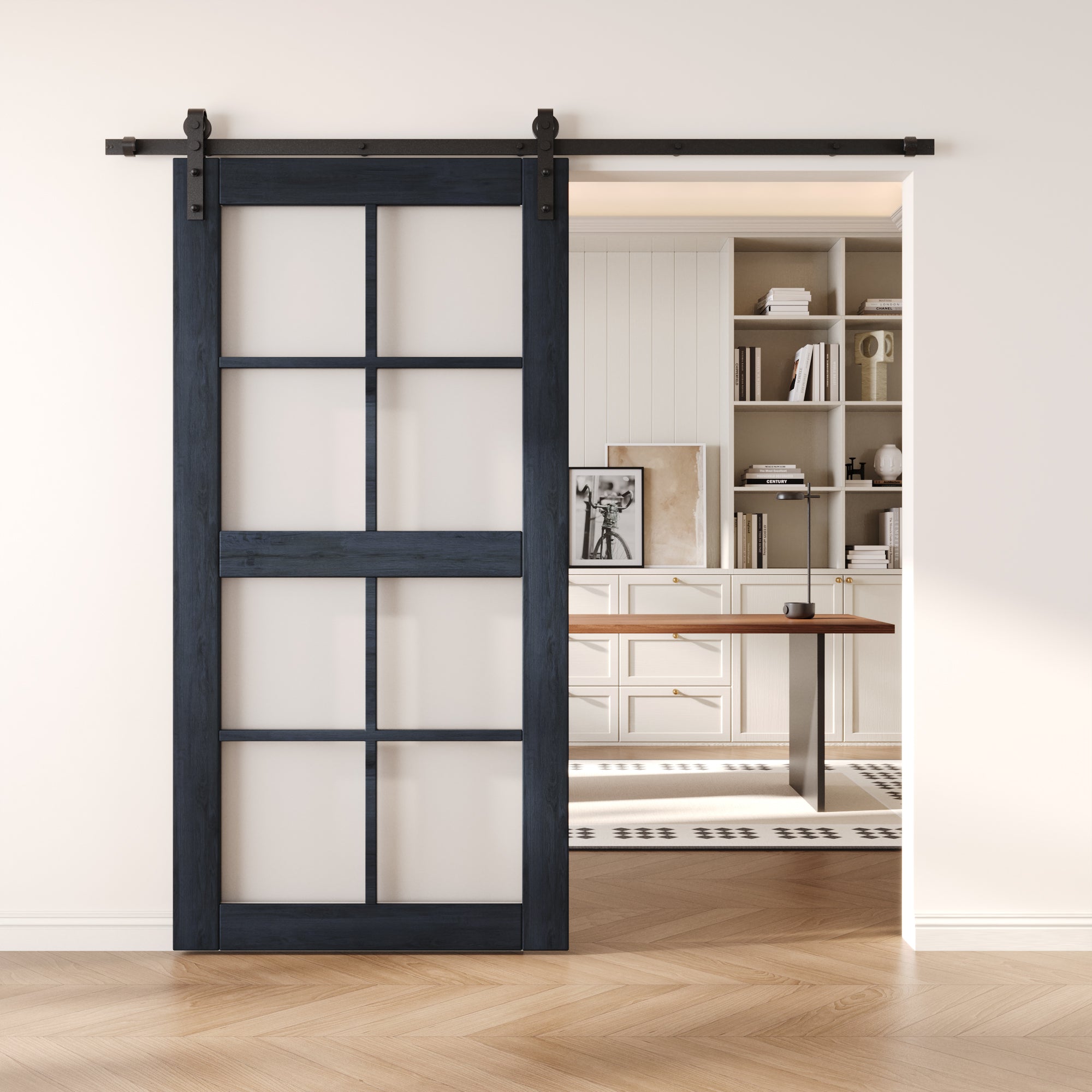 80" Height Navy 8-Lite Frosted Glass Unassembled & Finished Pine Wood Barn Door (Interior Use Only)