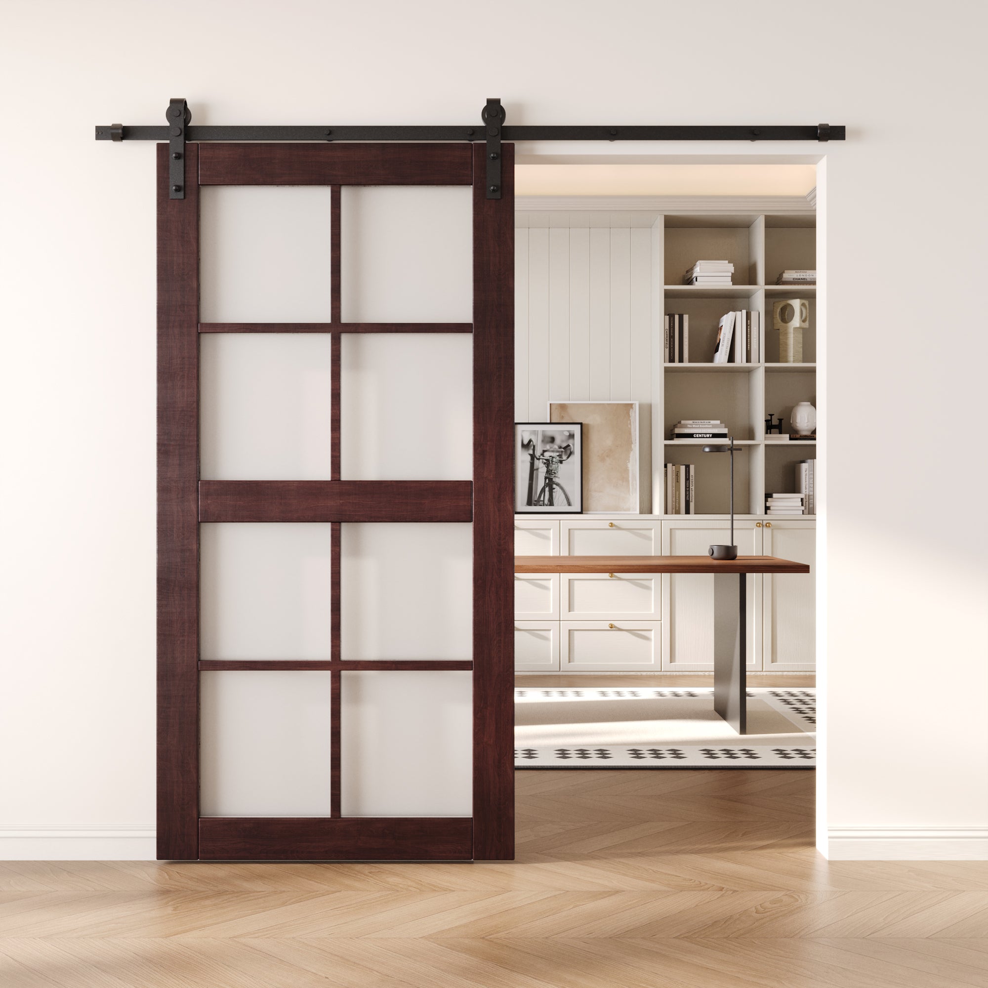 80" Height Red Mahogany 8-Lite Frosted Glass Unassembled & Finished Pine Wood Barn Door (Interior Use Only)