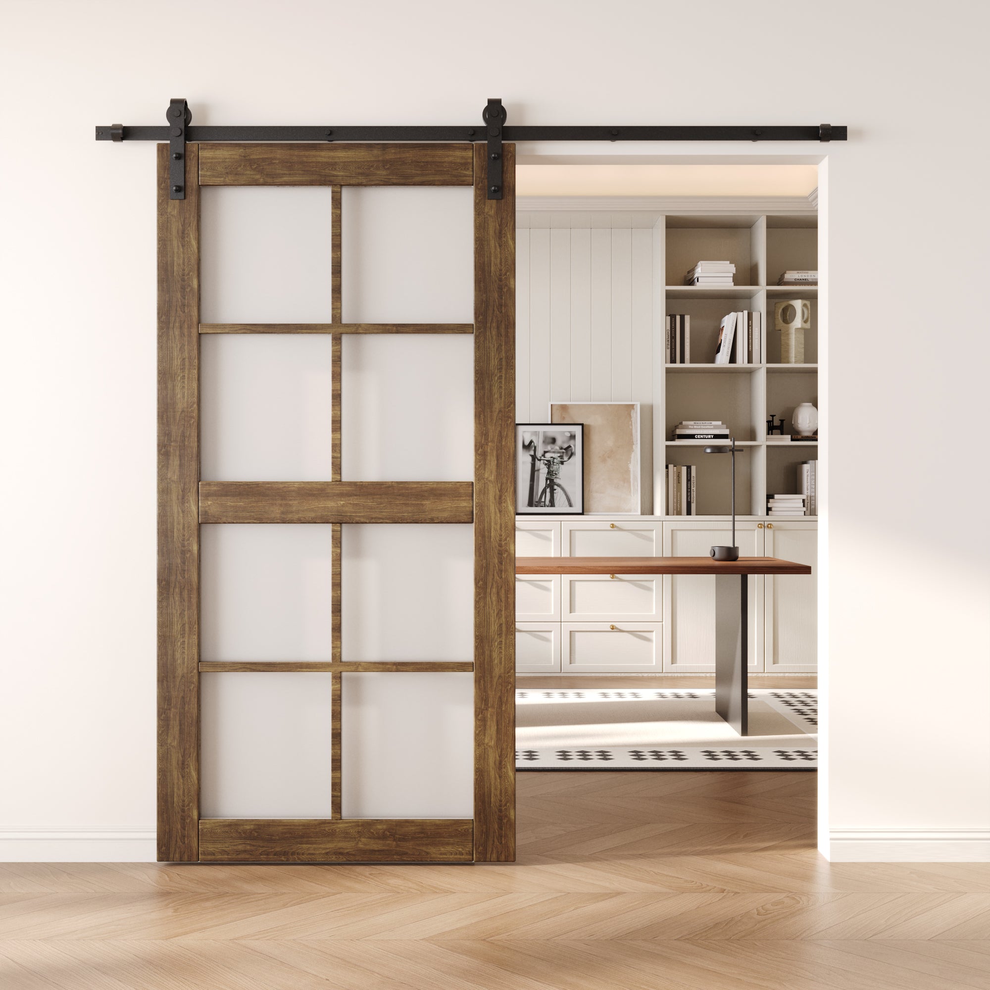 80" Height Dark Walnut 8-Lite Frosted Glass Unassembled & Finished Pine Wood Barn Door (Interior Use Only)