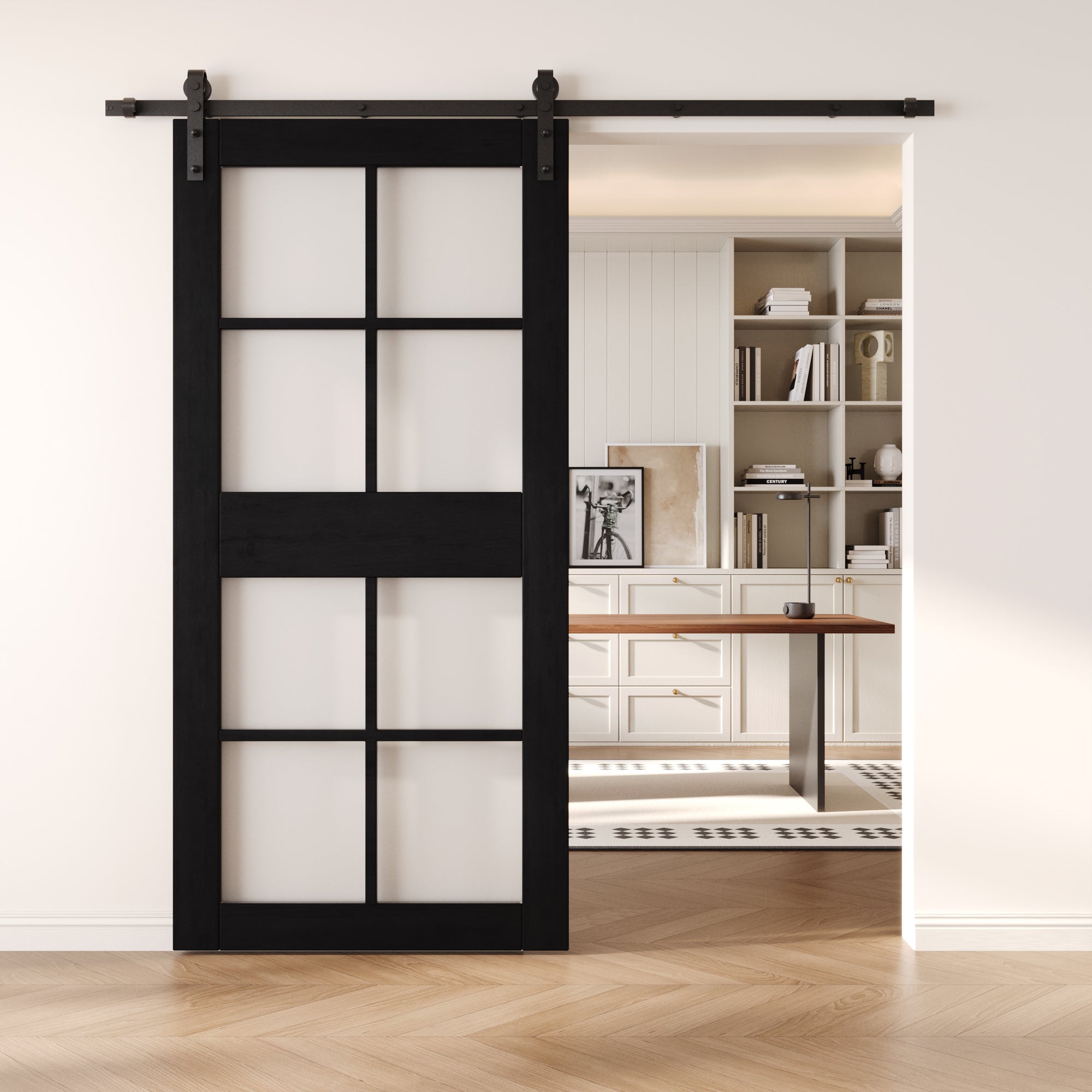 84" Height Black 8-Lite Frosted Glass Unassembled & Finished Pine Wood Barn Door (Interior Use Only)