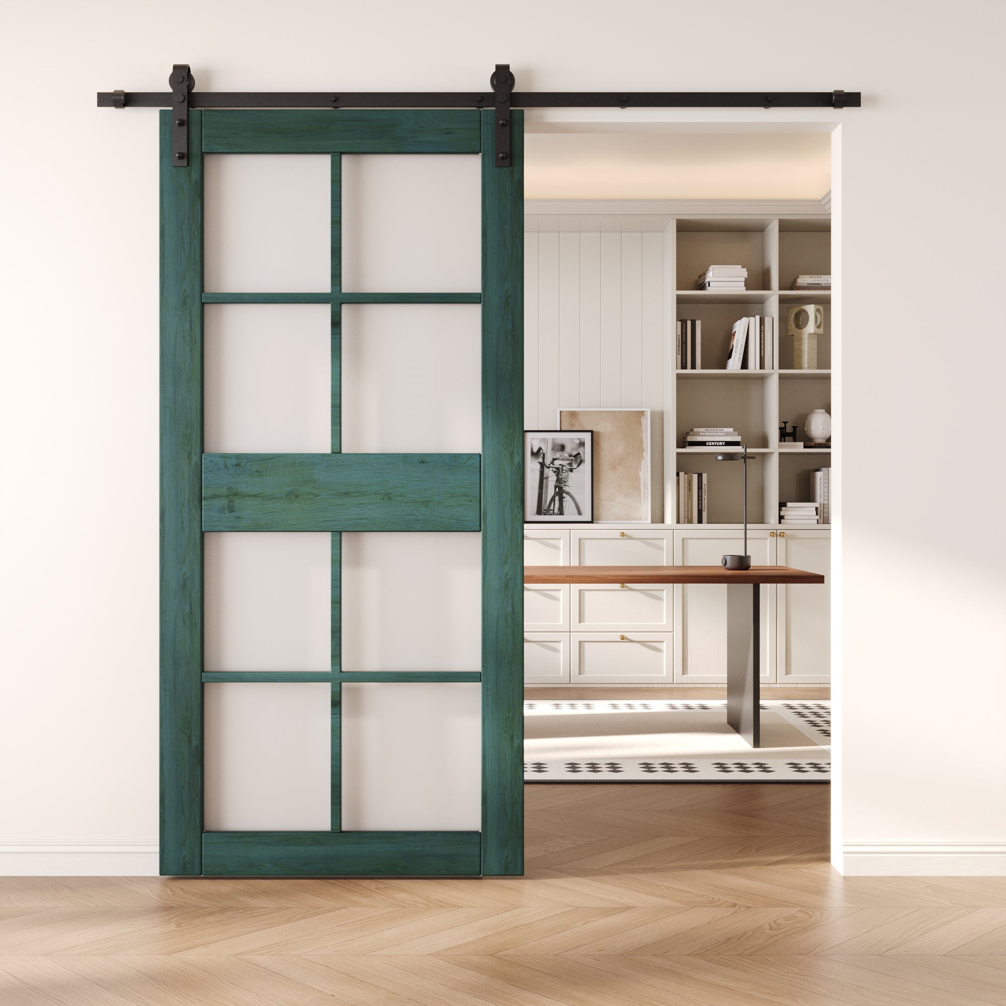 84" Height Royal Pine 8-Lite Frosted Glass Unassembled & Finished Pine Wood Barn Door (Interior Use Only)
