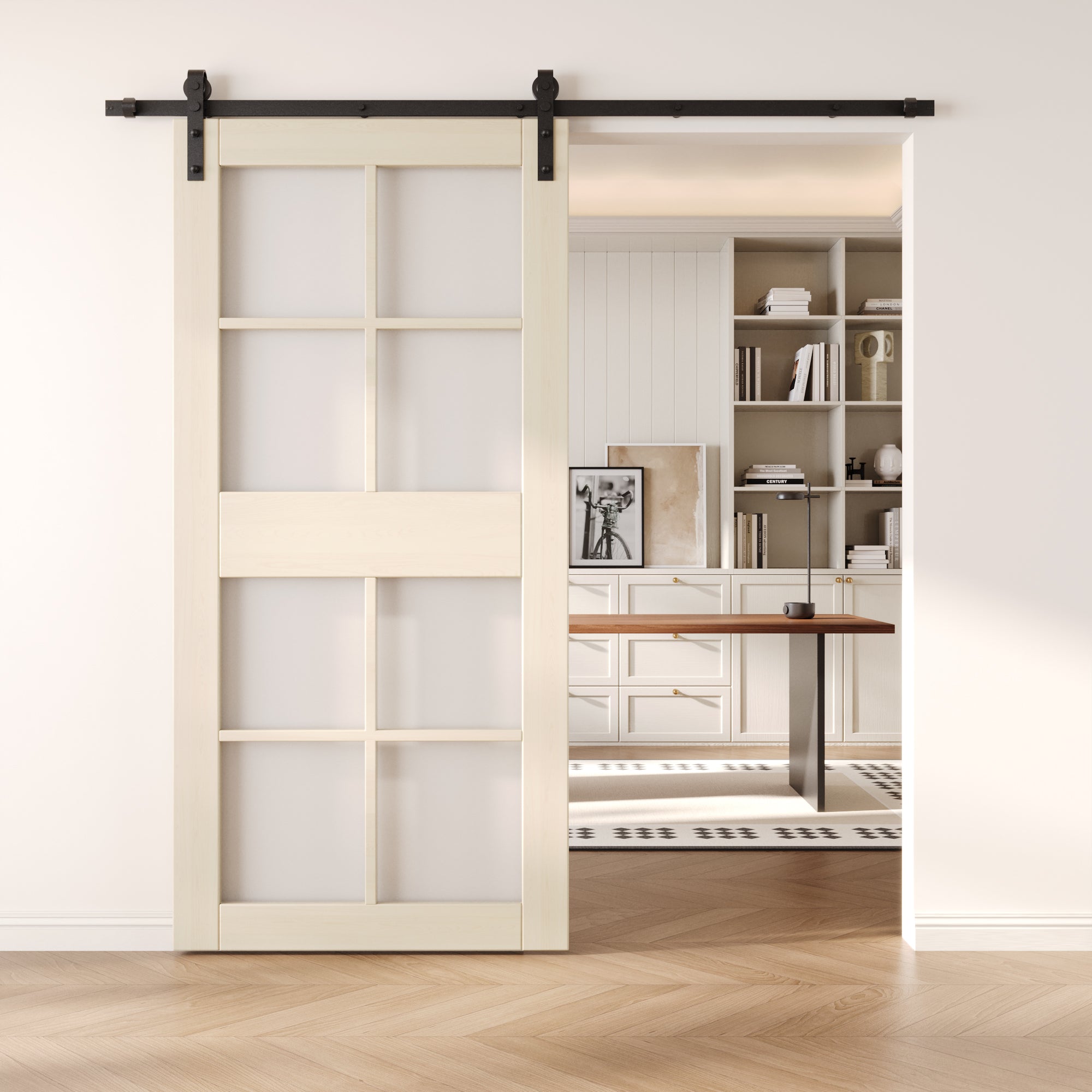 84" Height Tinsmith Gray 8-Lite Frosted Glass Unassembled & Finished Pine Wood Barn Door (Interior Use Only)