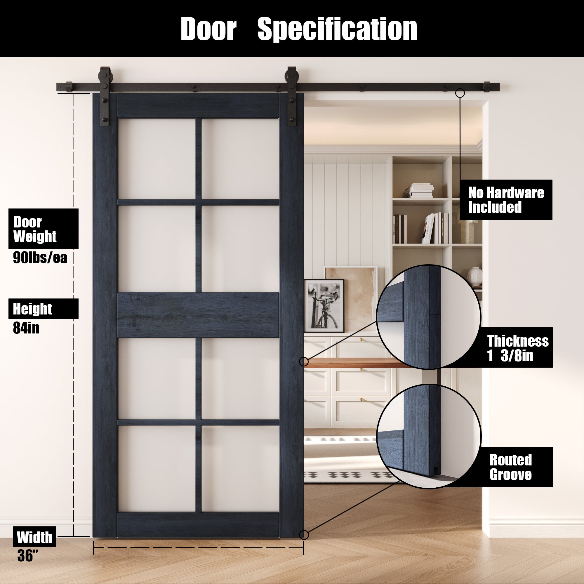 84" Height Navy 8-Lite Frosted Glass Unassembled & Finished Pine Wood Barn Door (Interior Use Only)