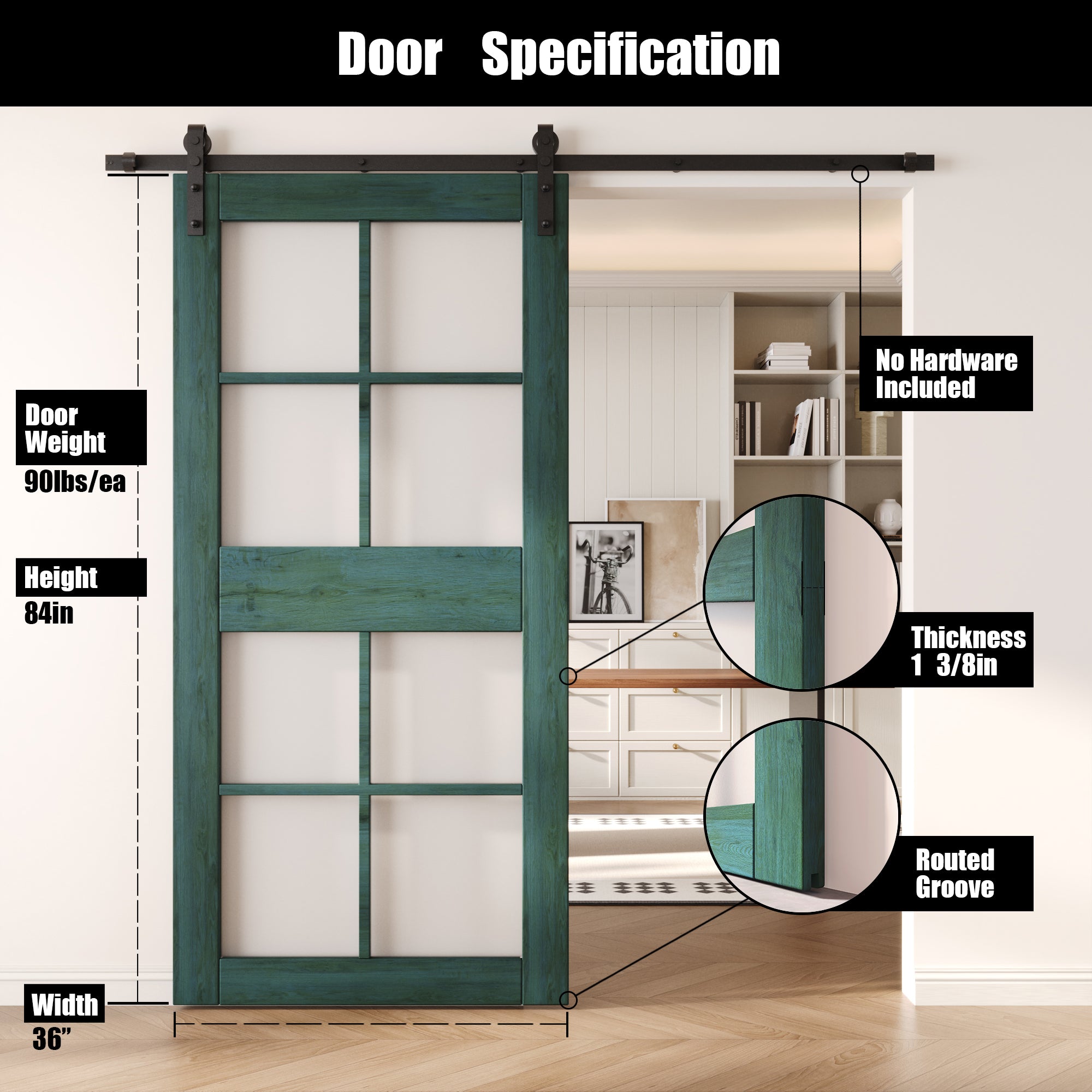 84" Height Royal Pine 8-Lite Frosted Glass Unassembled & Finished Pine Wood Barn Door (Interior Use Only)