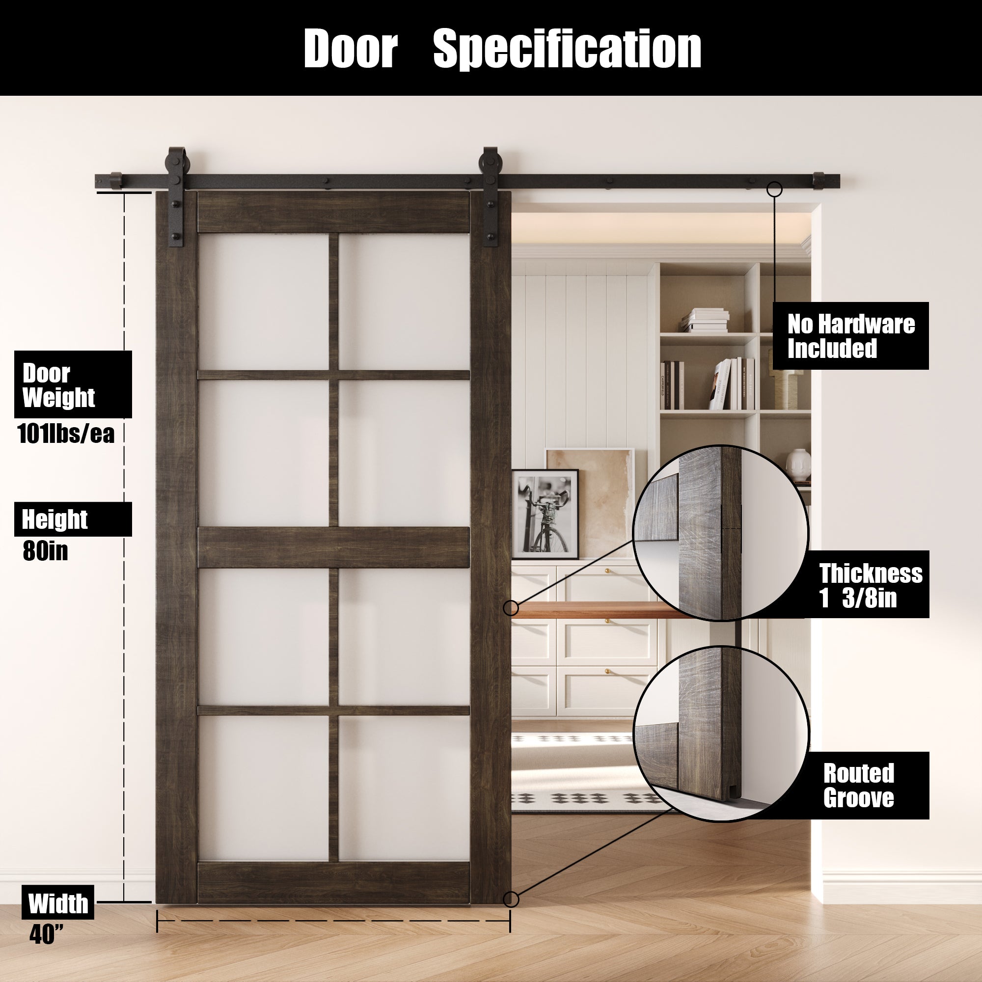 80" Height Ebony 8-Lite Frosted Glass Unassembled & Finished Pine Wood Barn Door (Interior Use Only)