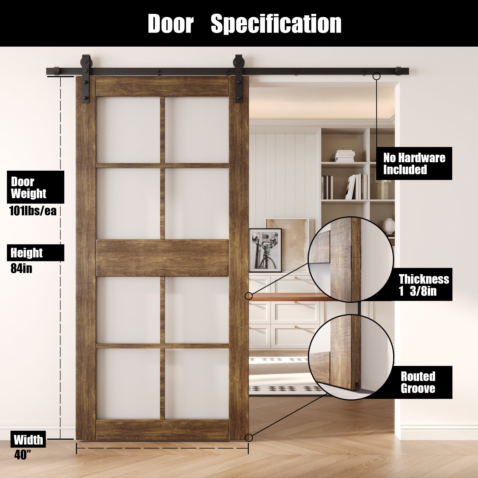 84" Height Dark Walnut 8-Lite Frosted Glass Unassembled & Finished Pine Wood Barn Door (Interior Use Only)