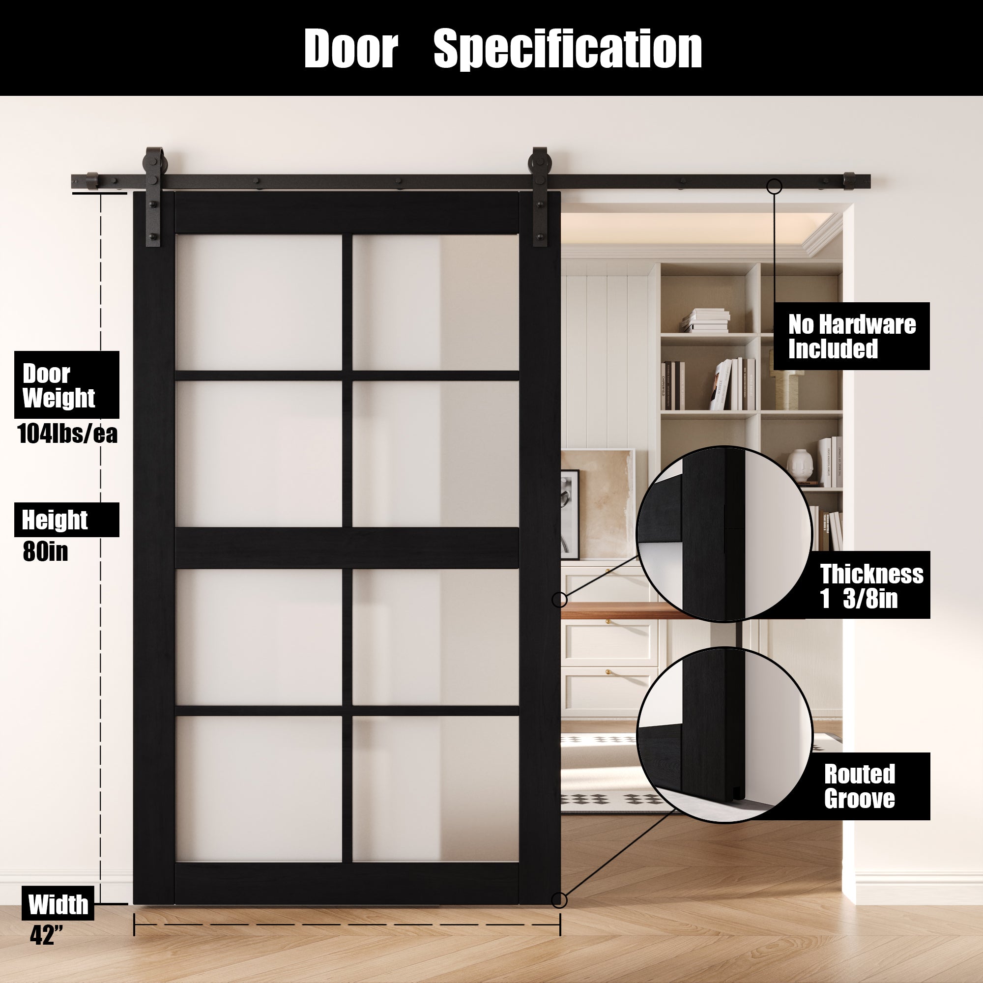 80" Height Black 8-Lite Frosted Glass Unassembled & Finished Pine Wood Barn Door (Interior Use Only)