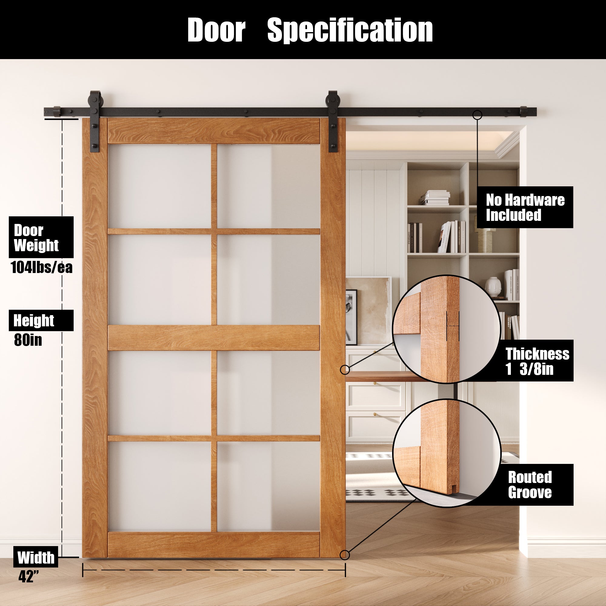 80" Height Early American 8-Lite Frosted Glass Unassembled & Finished Pine Wood Barn Door (Interior Use Only)