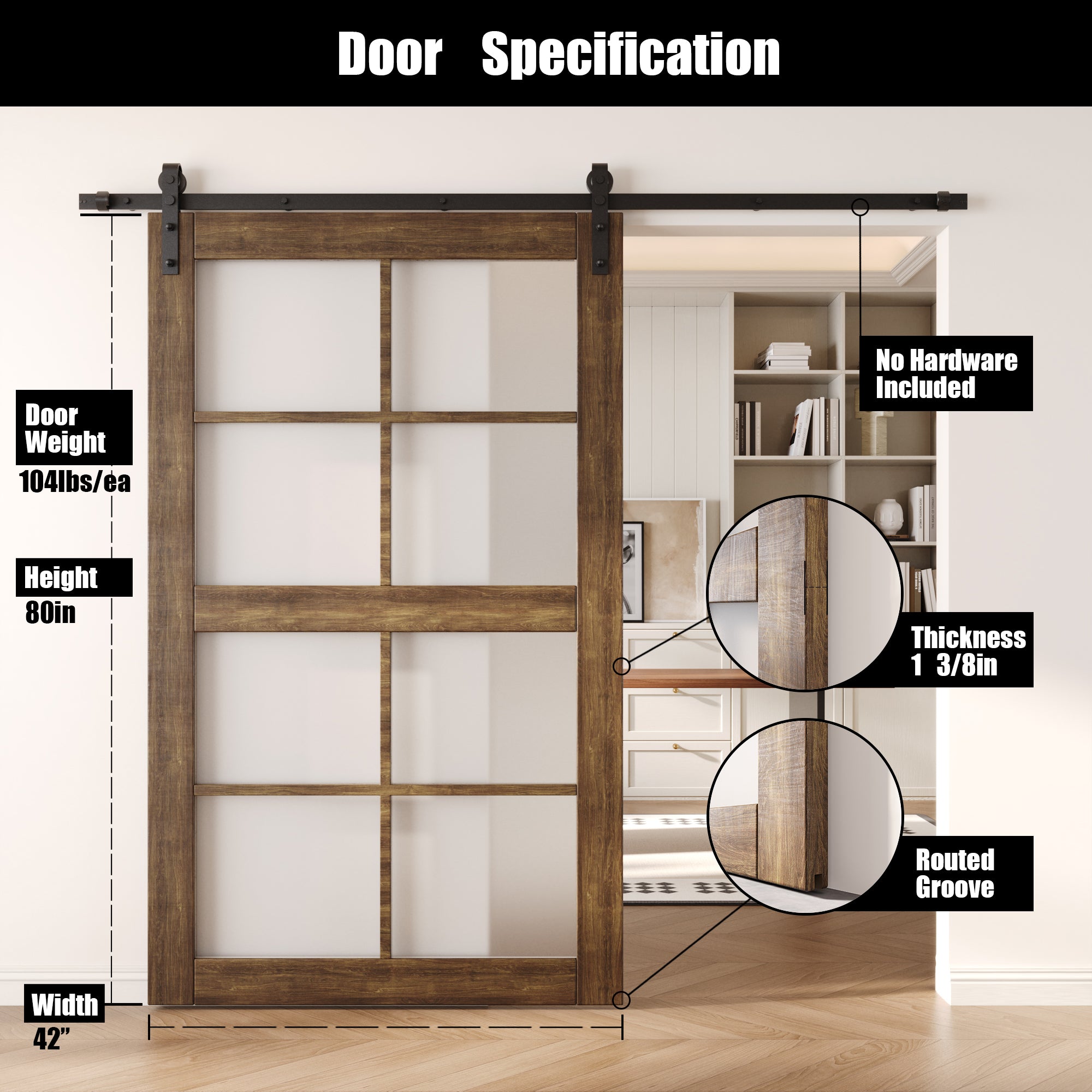 80" Height Dark Walnut 8-Lite Frosted Glass Unassembled & Finished Pine Wood Barn Door (Interior Use Only)