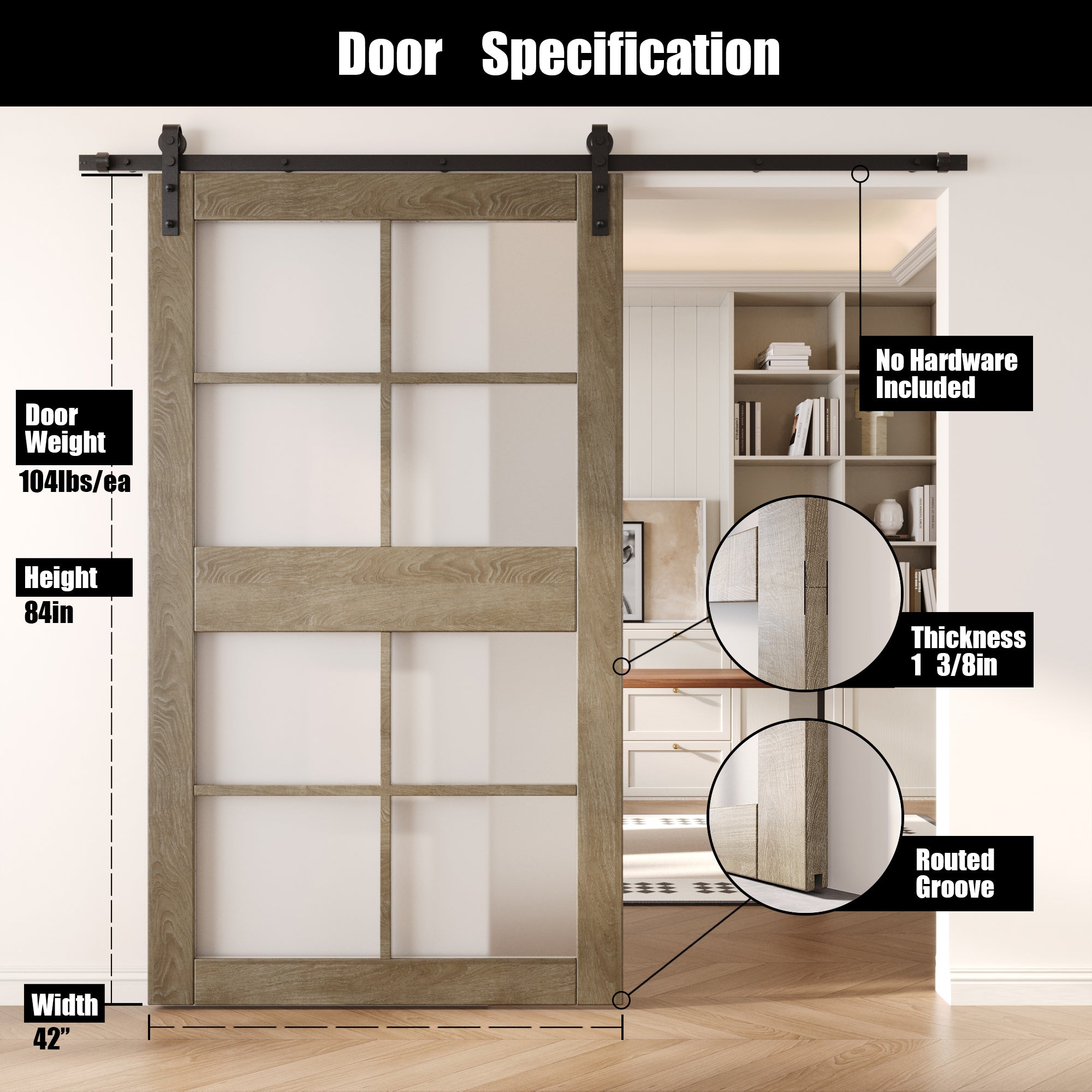 84" Height Classic Gray 8-Lite Frosted Glass Unassembled & Finished Pine Wood Barn Door (Interior Use Only)