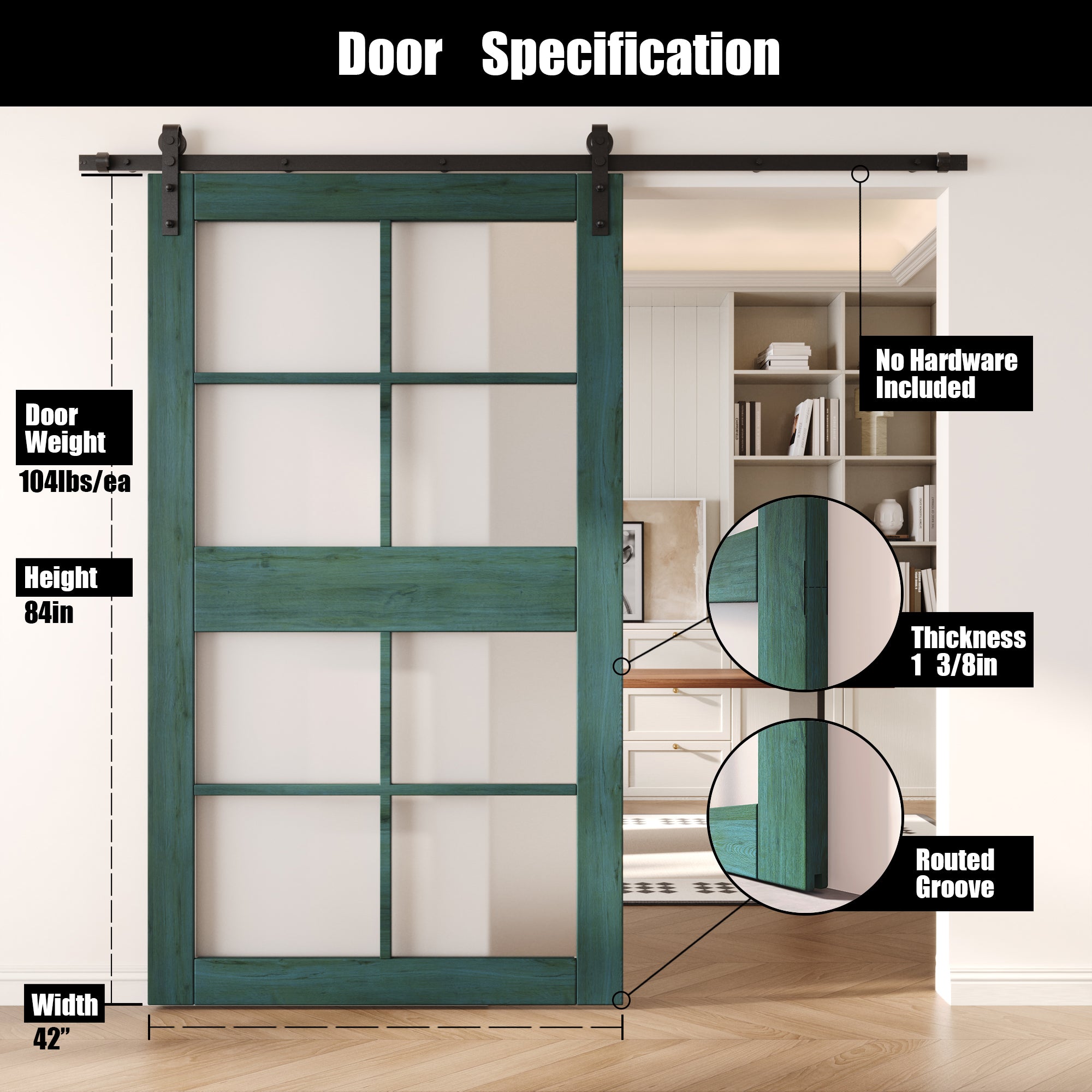 84" Height Royal Pine 8-Lite Frosted Glass Unassembled & Finished Pine Wood Barn Door (Interior Use Only)