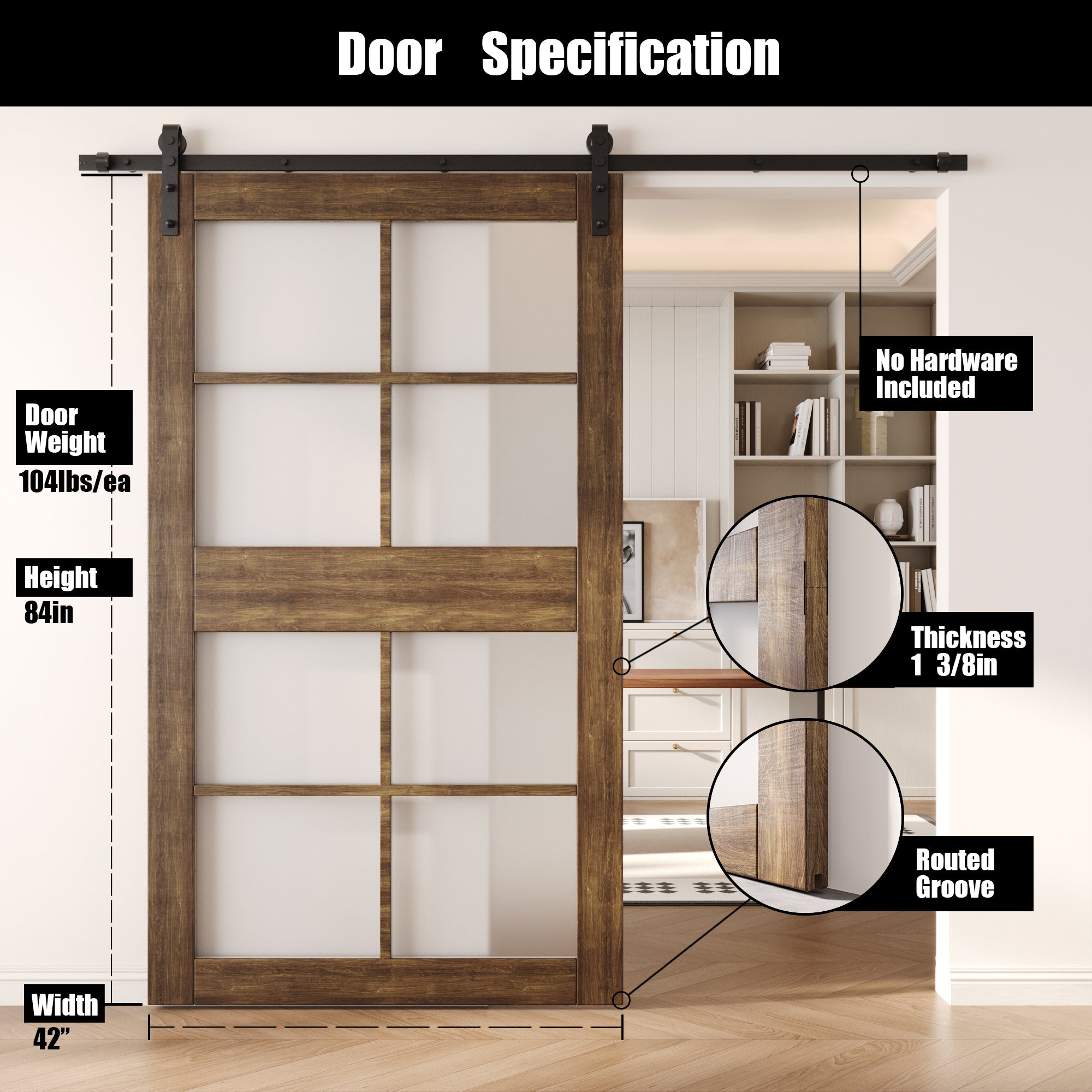 84" Height Dark Walnut 8-Lite Frosted Glass Unassembled & Finished Pine Wood Barn Door (Interior Use Only)