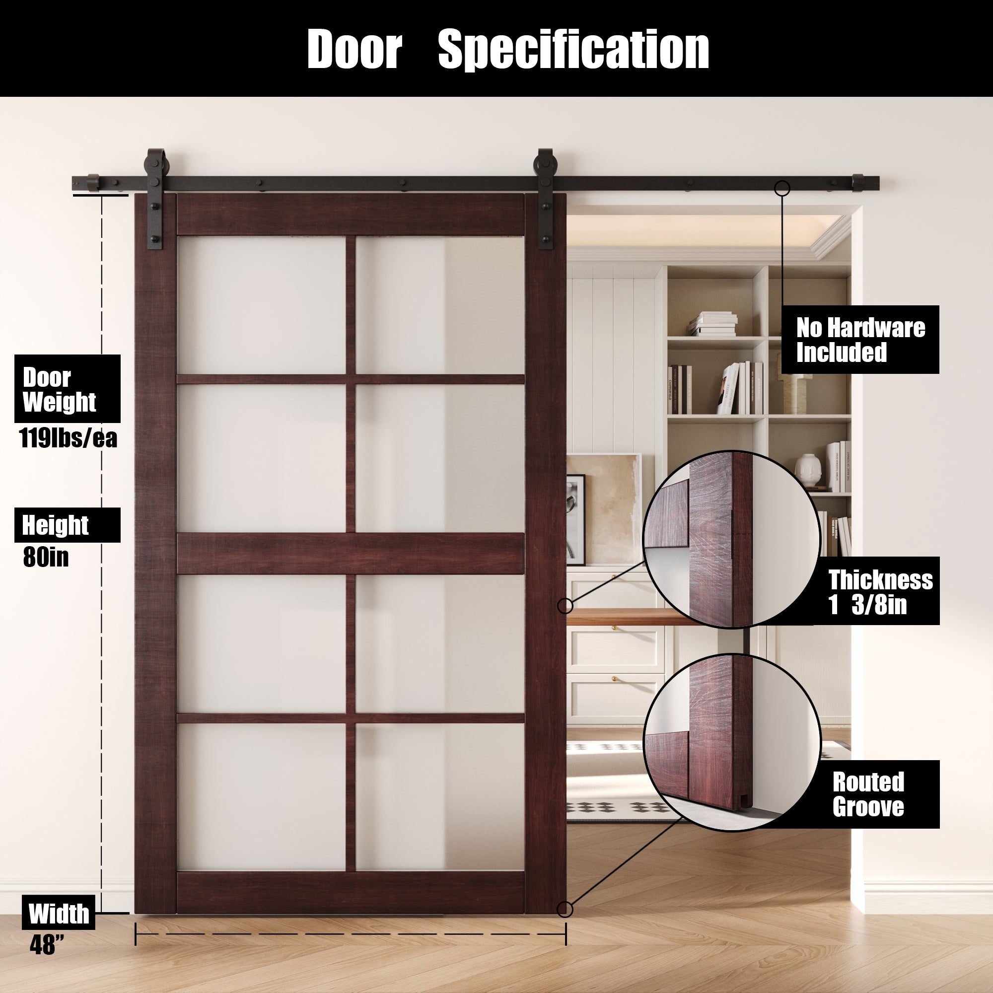 80" Height Red Mahogany 8-Lite Frosted Glass Unassembled & Finished Pine Wood Barn Door (Interior Use Only)