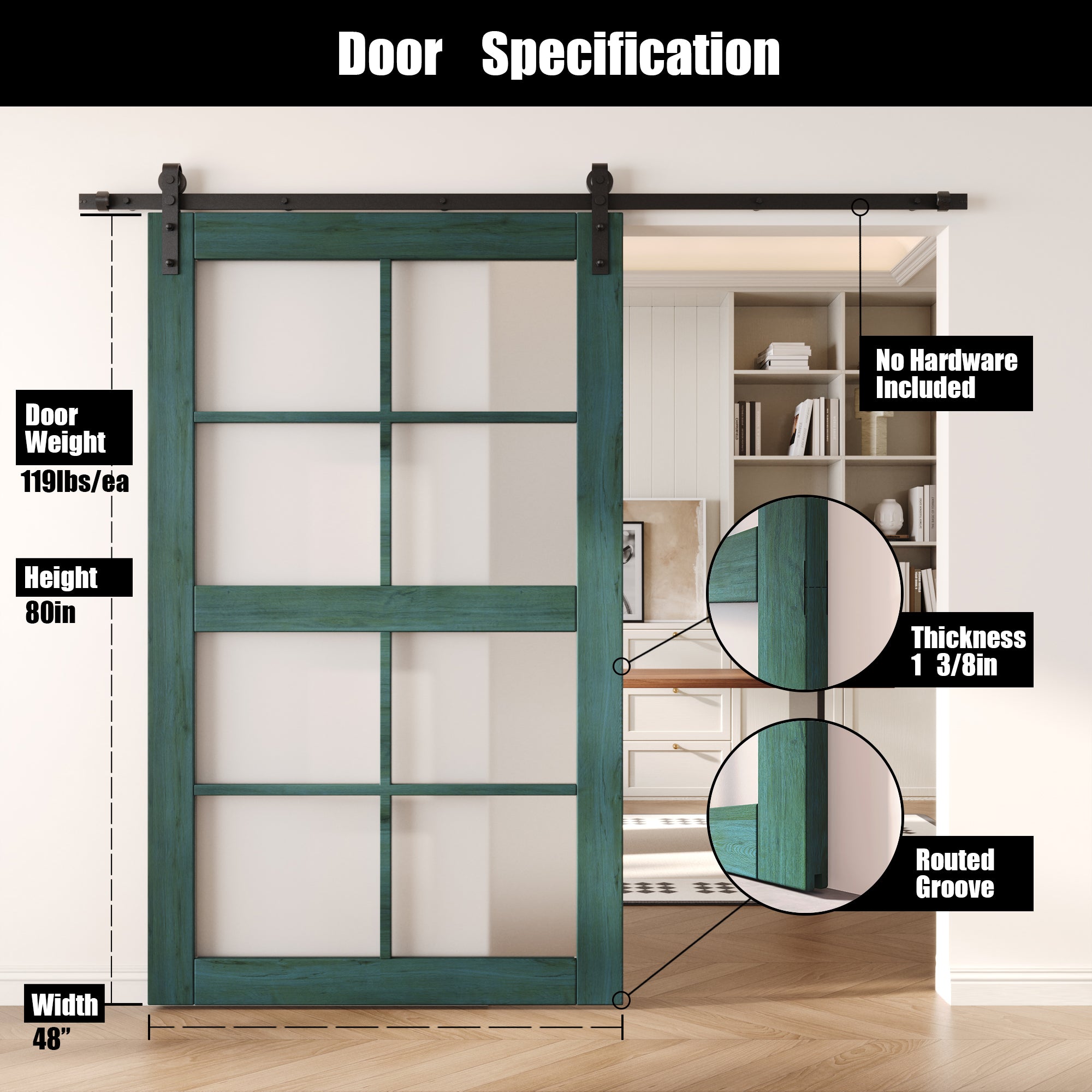 80" Height Royal Pine 8-Lite Frosted Glass Unassembled & Finished Pine Wood Barn Door (Interior Use Only)