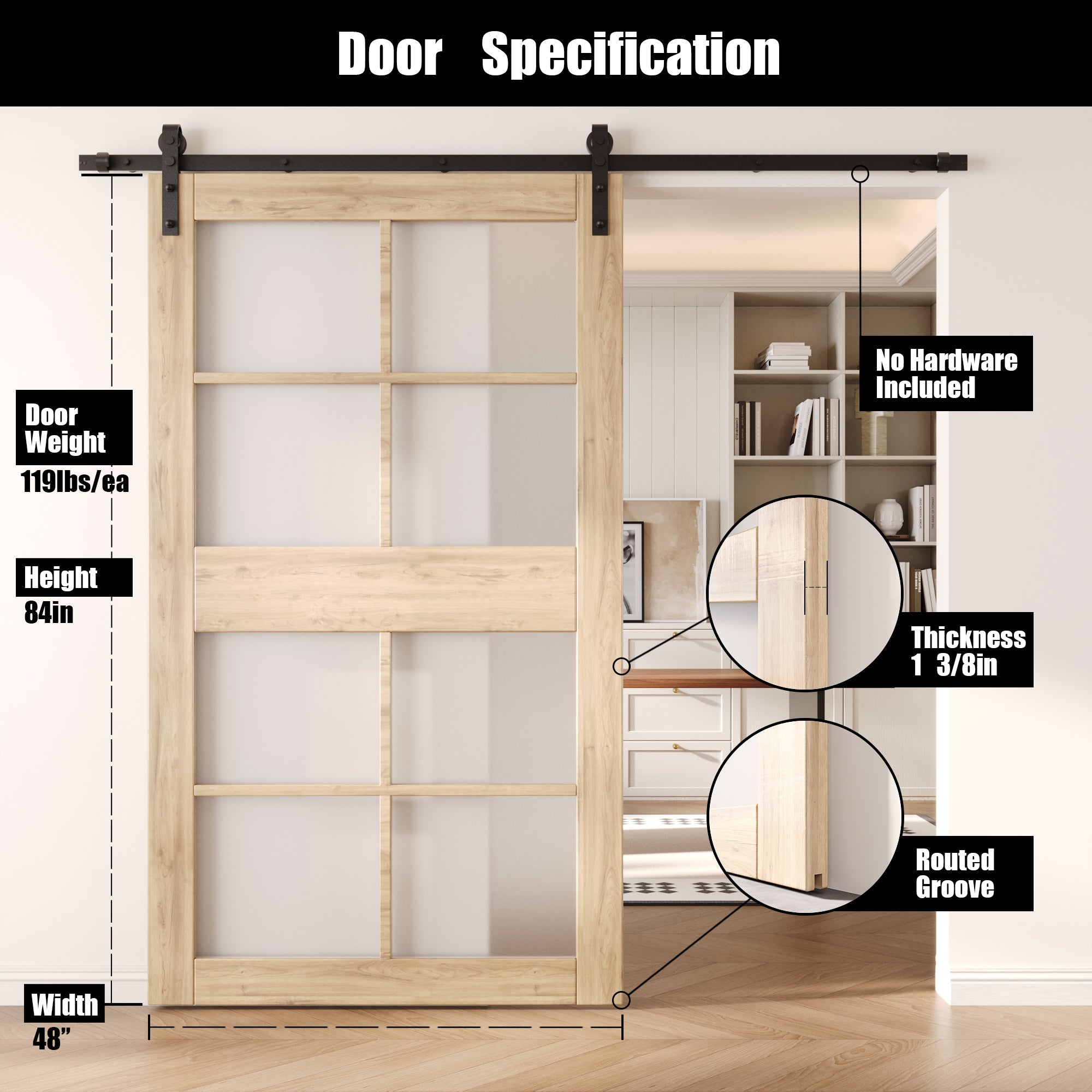 84" Height 8-Lite Frosted Glass Unassembled & Unfinished Pine Wood Barn Door (Interior Use Only)
