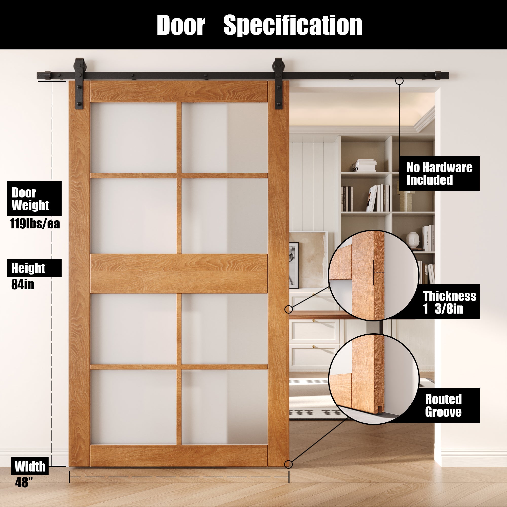 84" Height Early American 8-Lite Frosted Glass Unassembled & Finished Pine Wood Barn Door (Interior Use Only)
