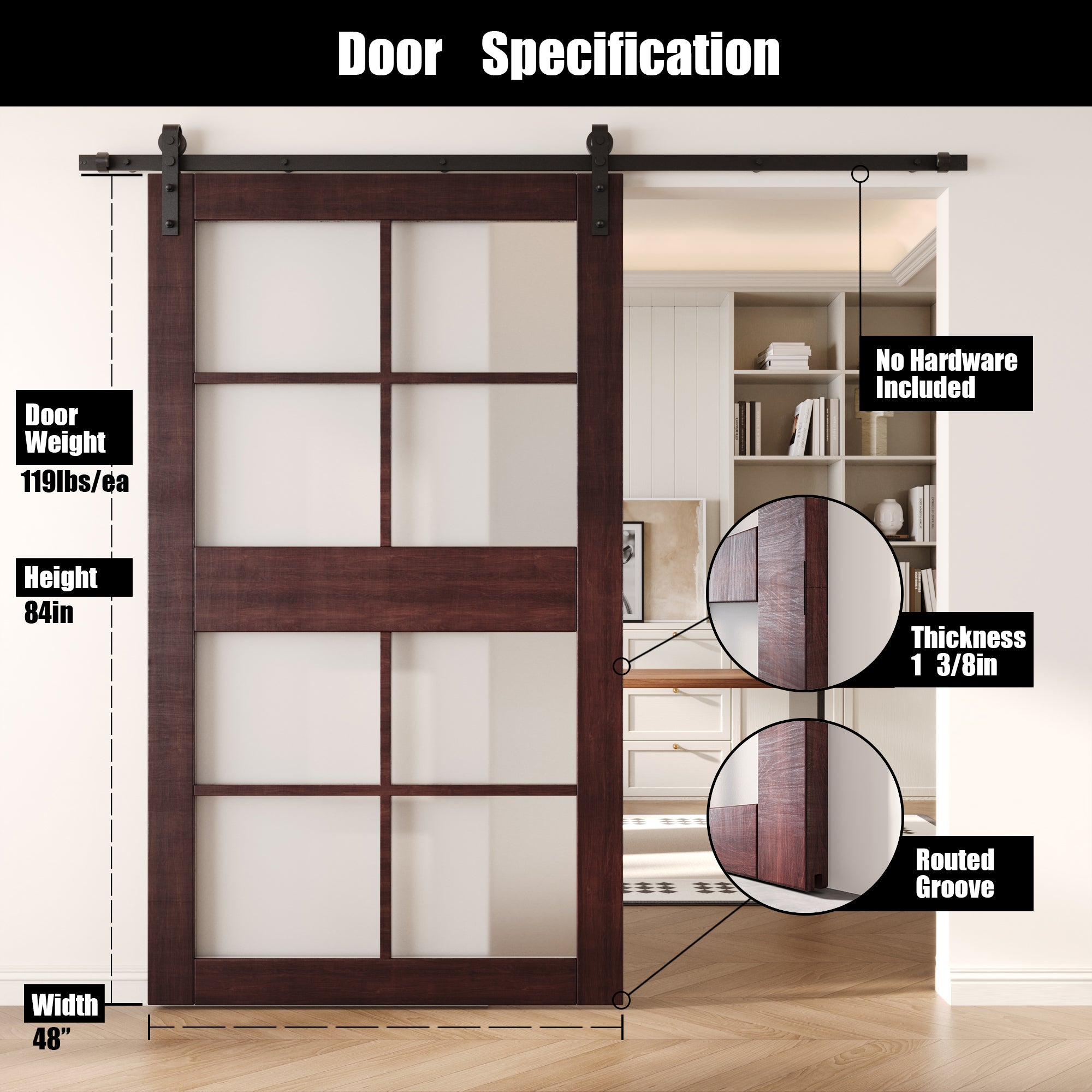 84" Height Red Mahogany 8-Lite Frosted Glass Unassembled & Finished Pine Wood Barn Door (Interior Use Only)