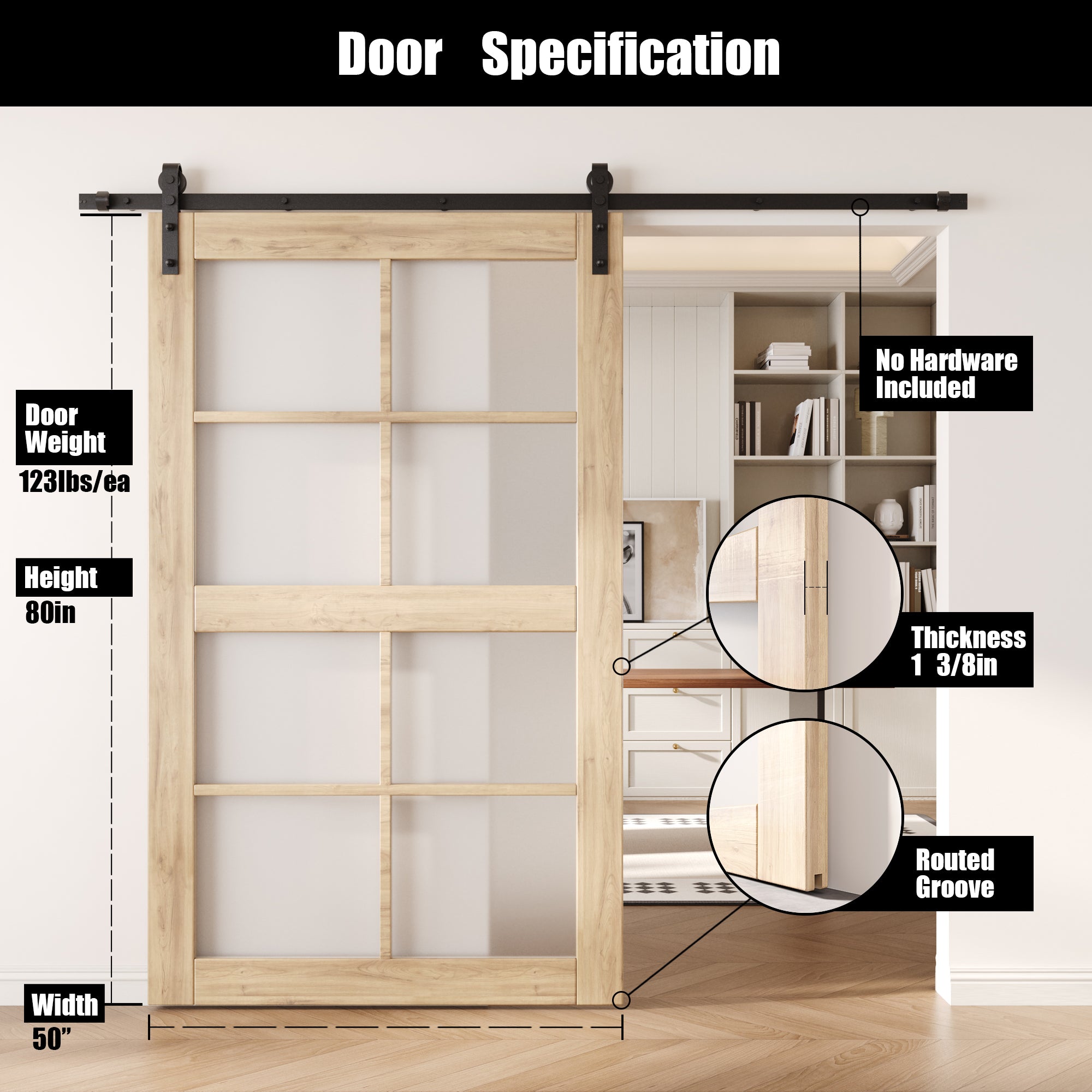 80" Height 8-Lite Frosted Glass Unassembled & Unfinished Pine Wood Barn Door (Interior Use Only)