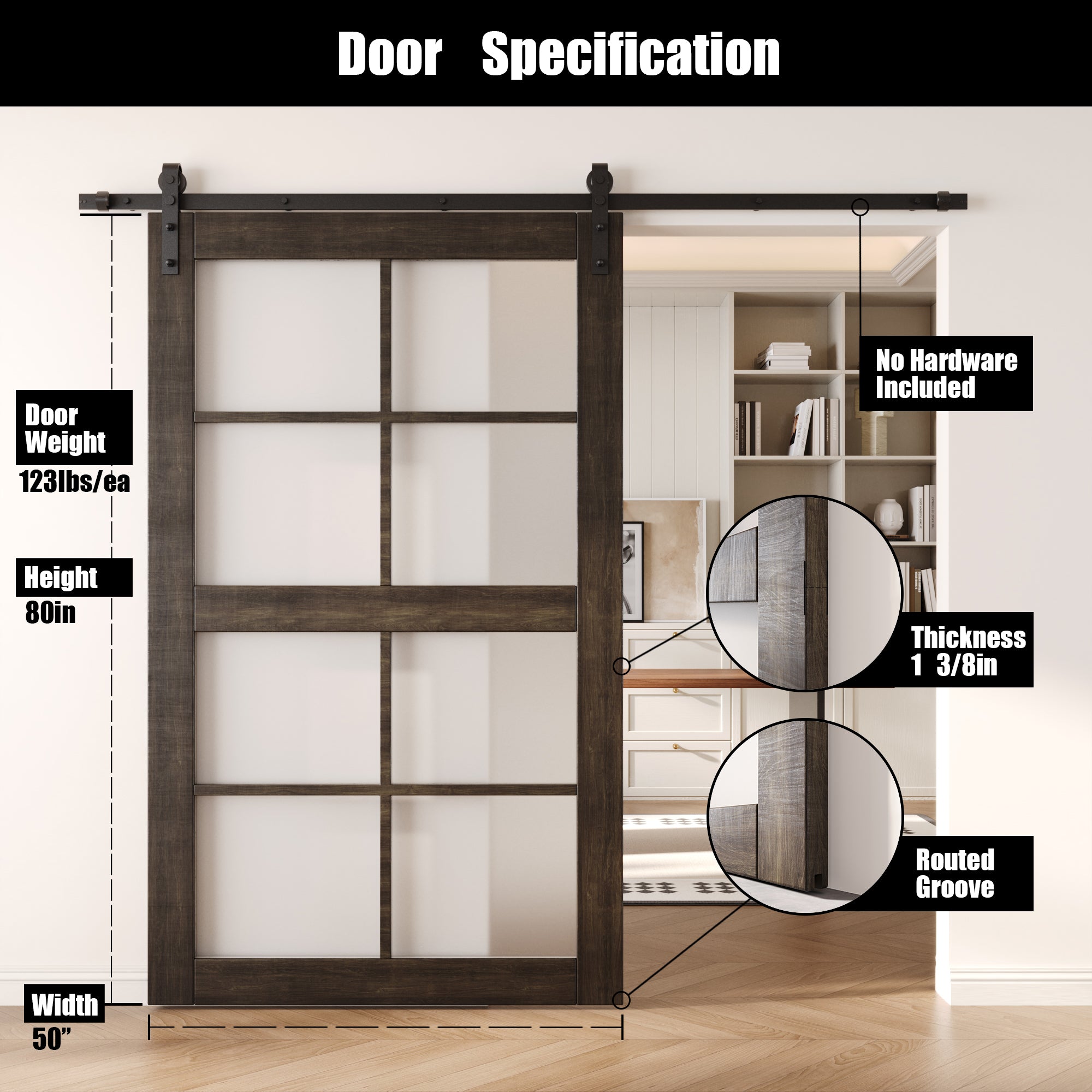 80" Height Ebony 8-Lite Frosted Glass Unassembled & Finished Pine Wood Barn Door (Interior Use Only)