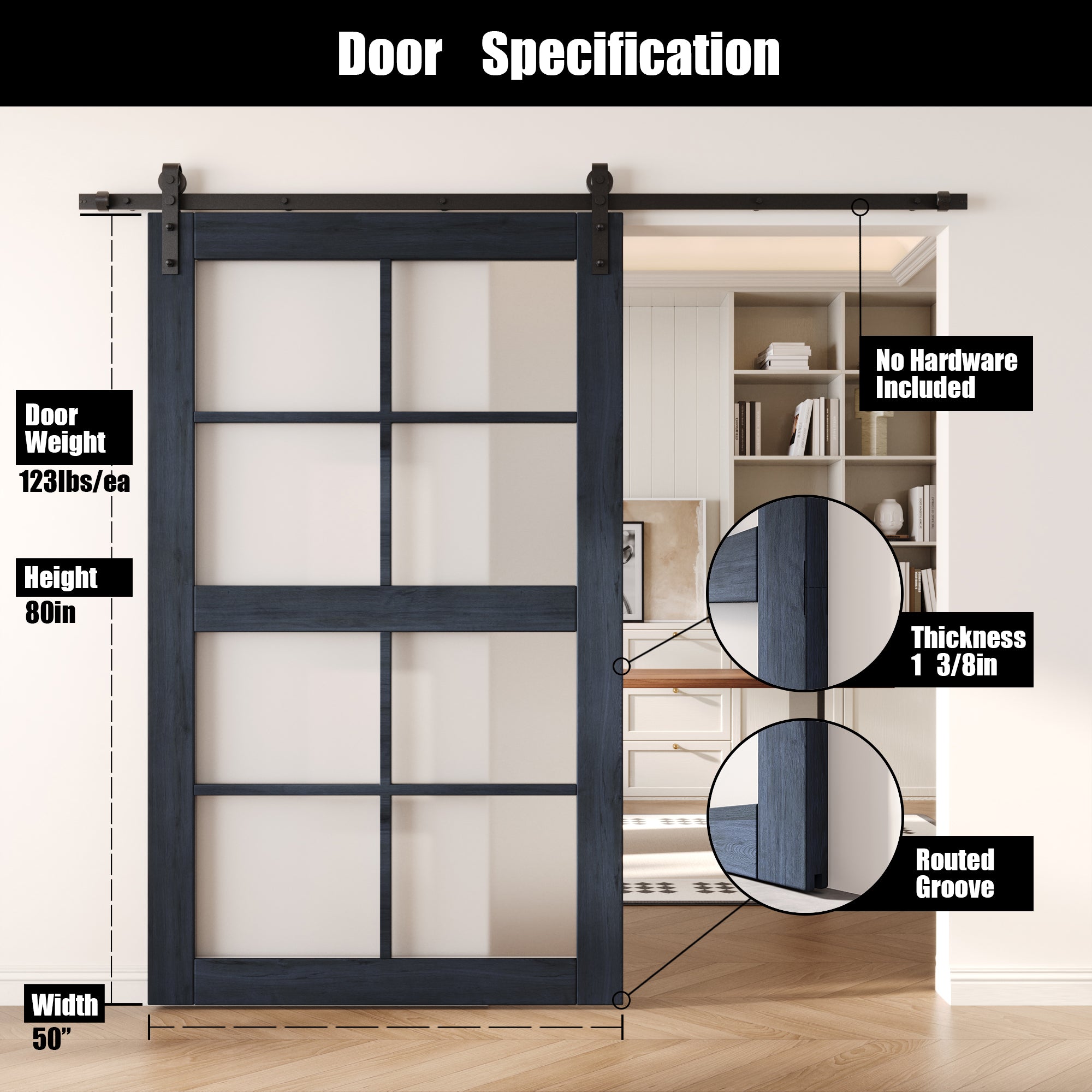 80" Height Navy 8-Lite Frosted Glass Unassembled & Finished Pine Wood Barn Door (Interior Use Only)