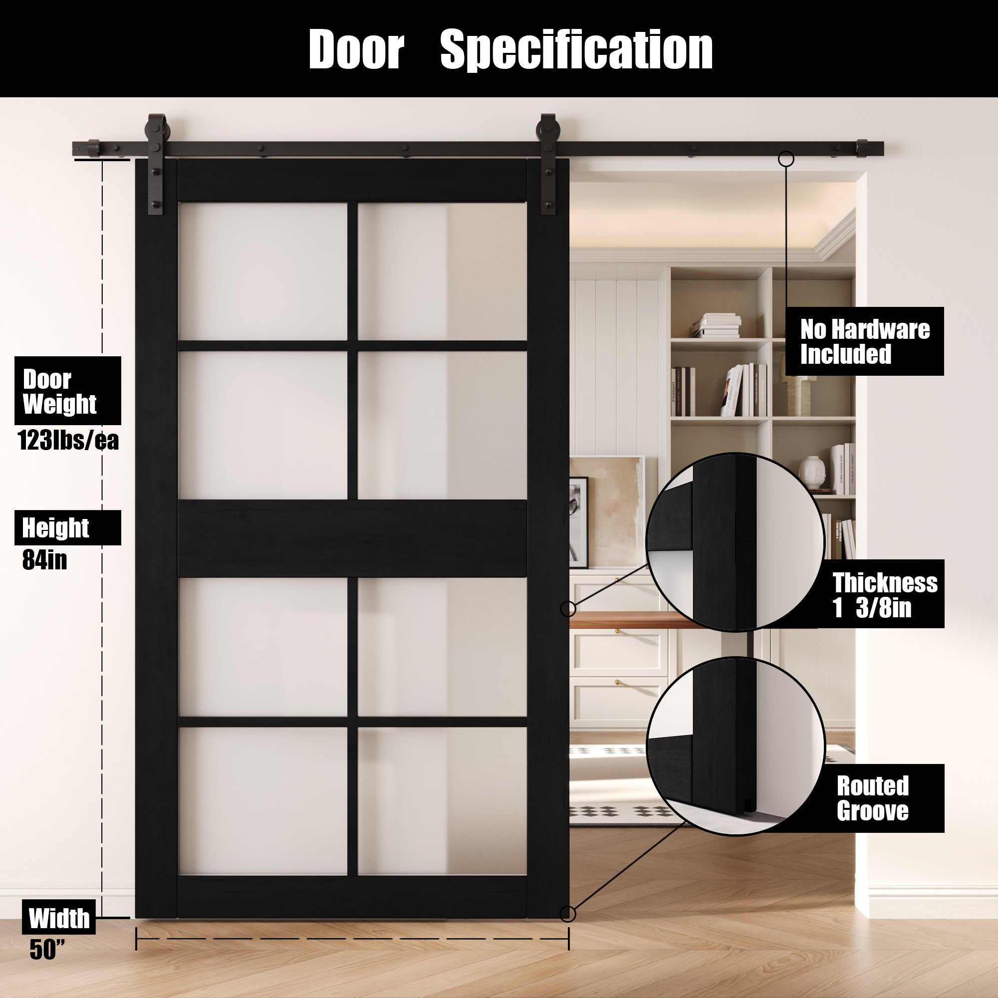 84" Height Black 8-Lite Frosted Glass Unassembled & Finished Pine Wood Barn Door (Interior Use Only)
