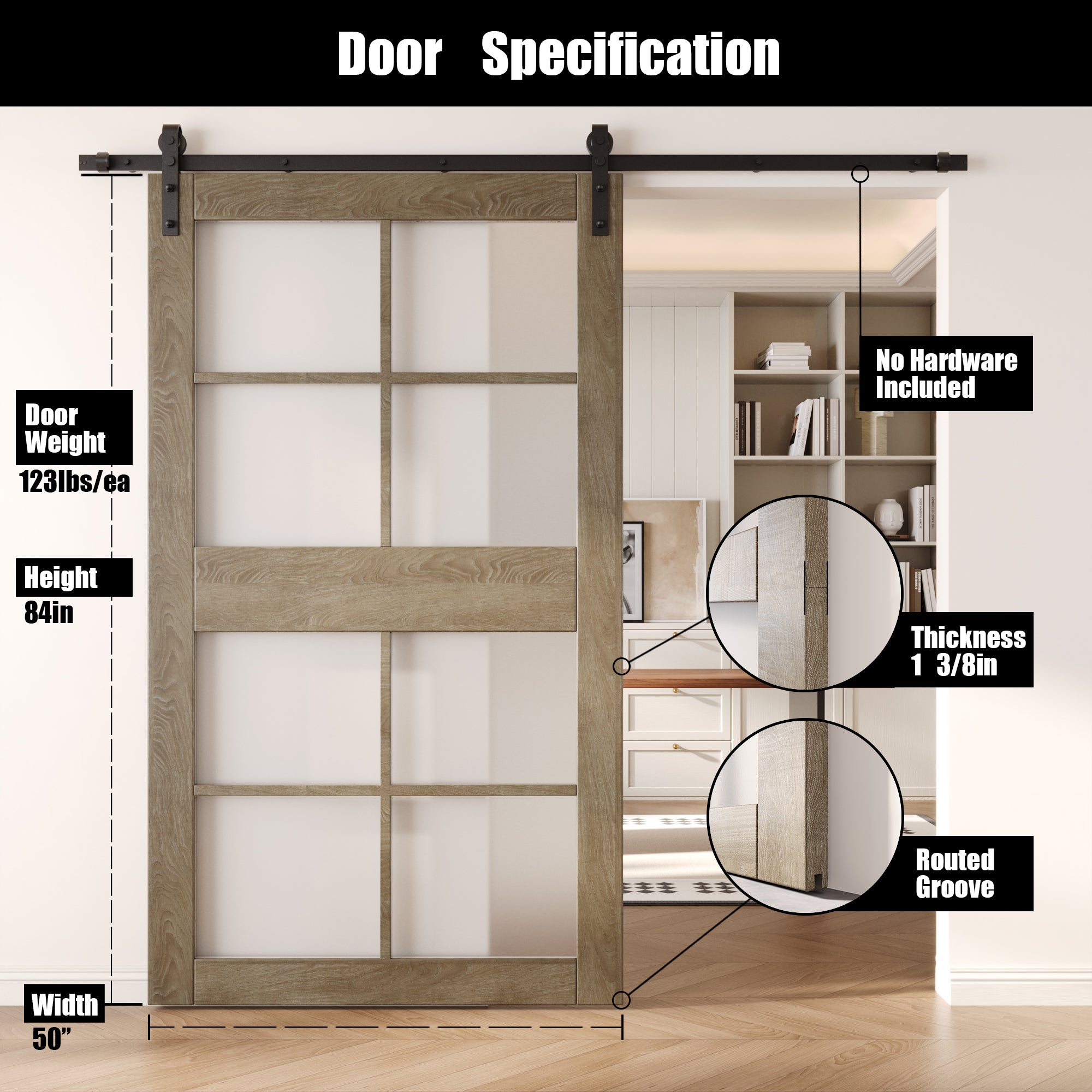 84" Height Classic Gray 8-Lite Frosted Glass Unassembled & Finished Pine Wood Barn Door (Interior Use Only)