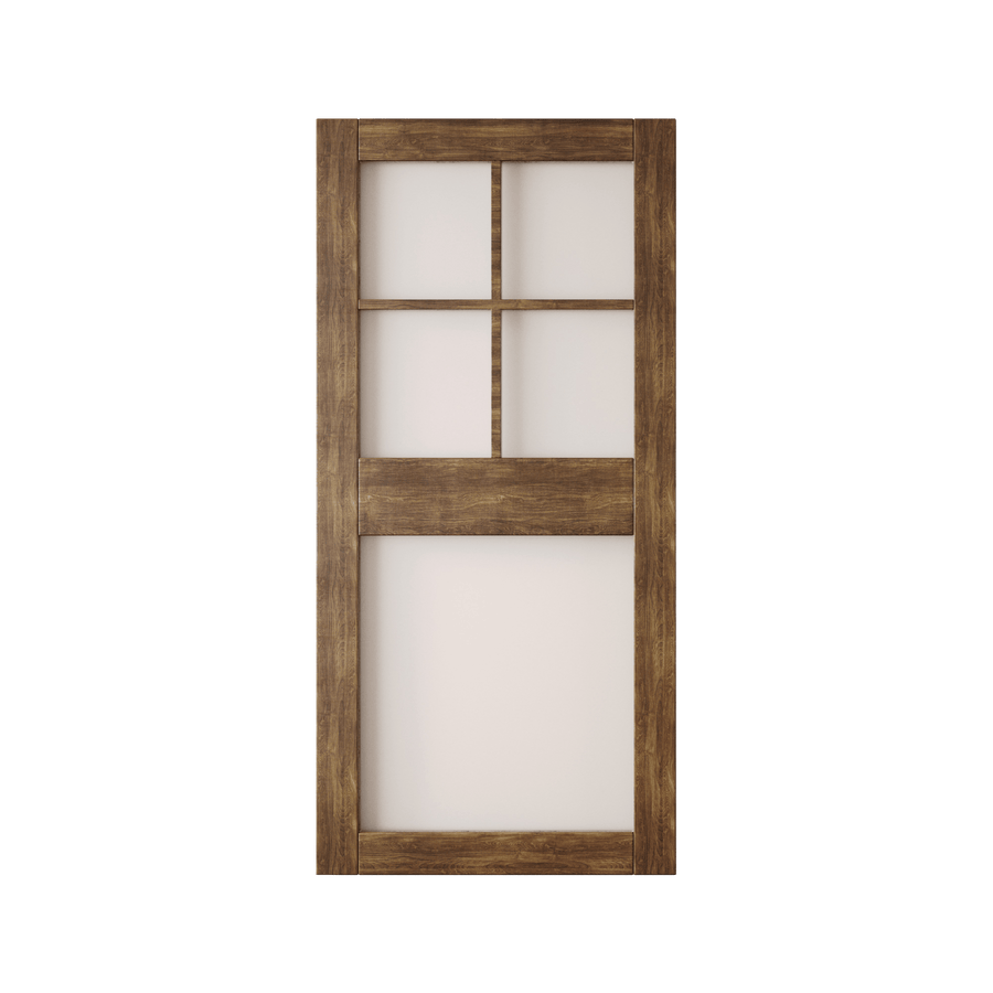 Finished wood barn door with four frosted glass panes
