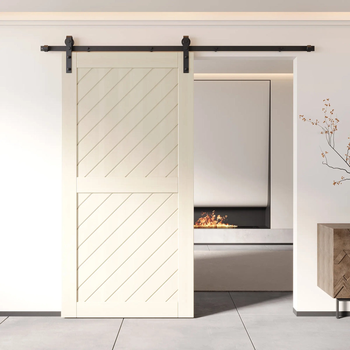 Modern white barn door combo kit with black sliding hardware for an interior doorway