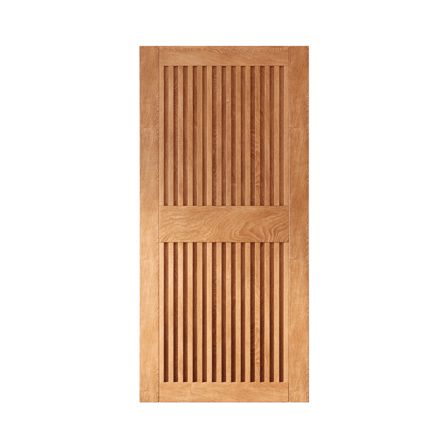 Modern finished wood barn door with vertical slat design