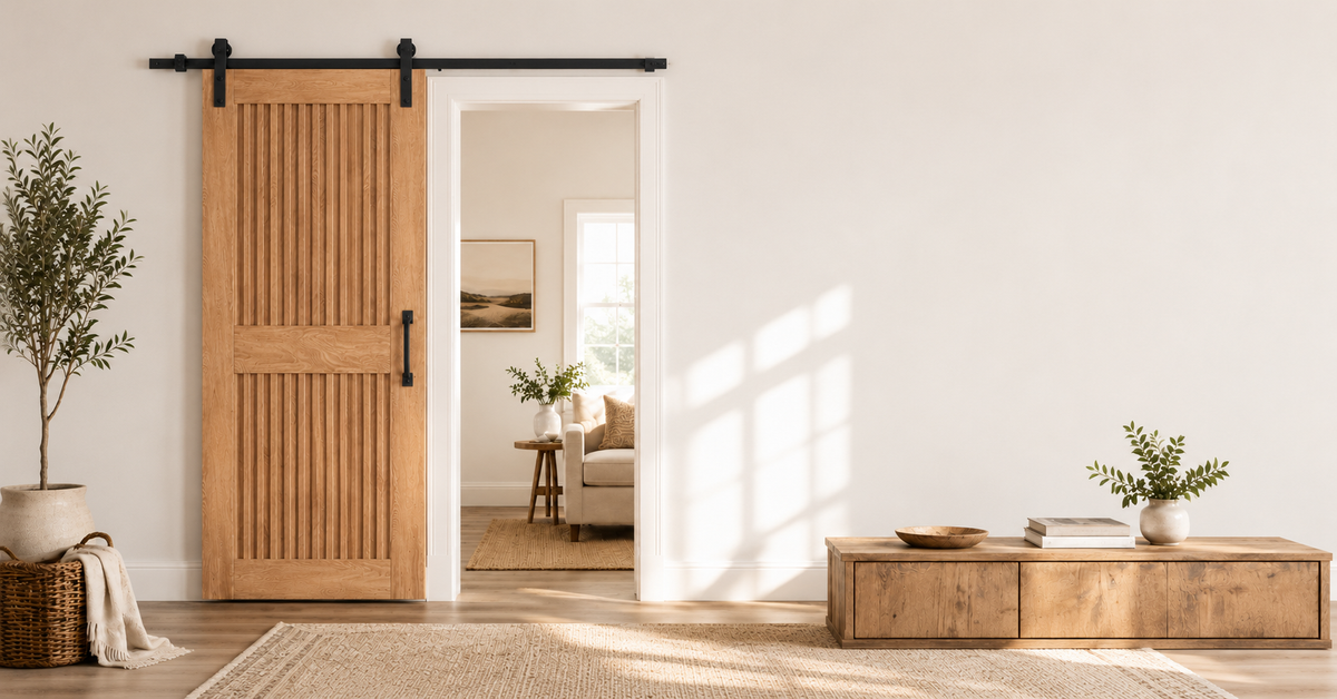 A light natural wood sliding barn door with black metal hardware, shown installed in a bright, modern room with a console table, plants, and warm sunlight streaming through.