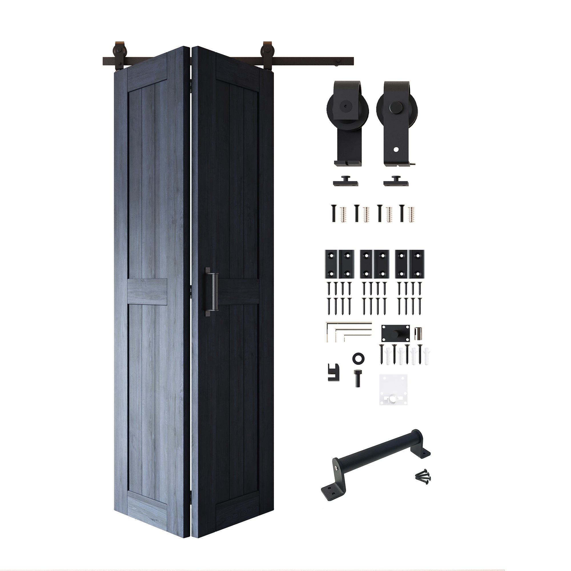 5-in-1 80in Navy Finished Barn Door with Bi-Fold Top Mount Hardware Kit - T-shape Roller