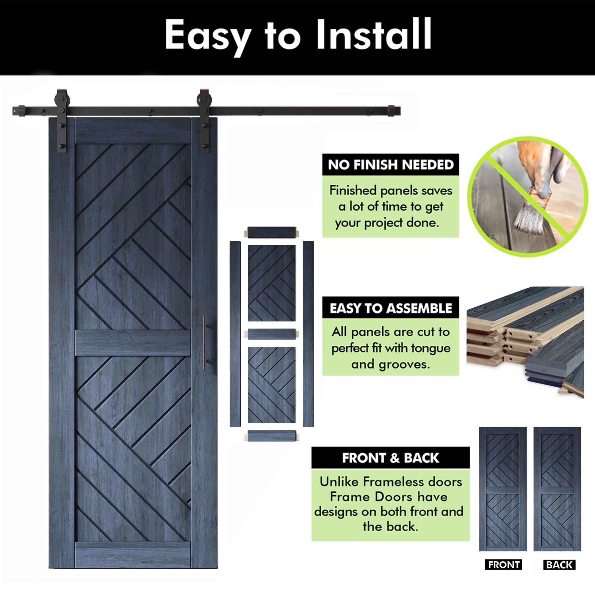 modern ebony geometric design barn door with hardware kit, easy to assemble and install