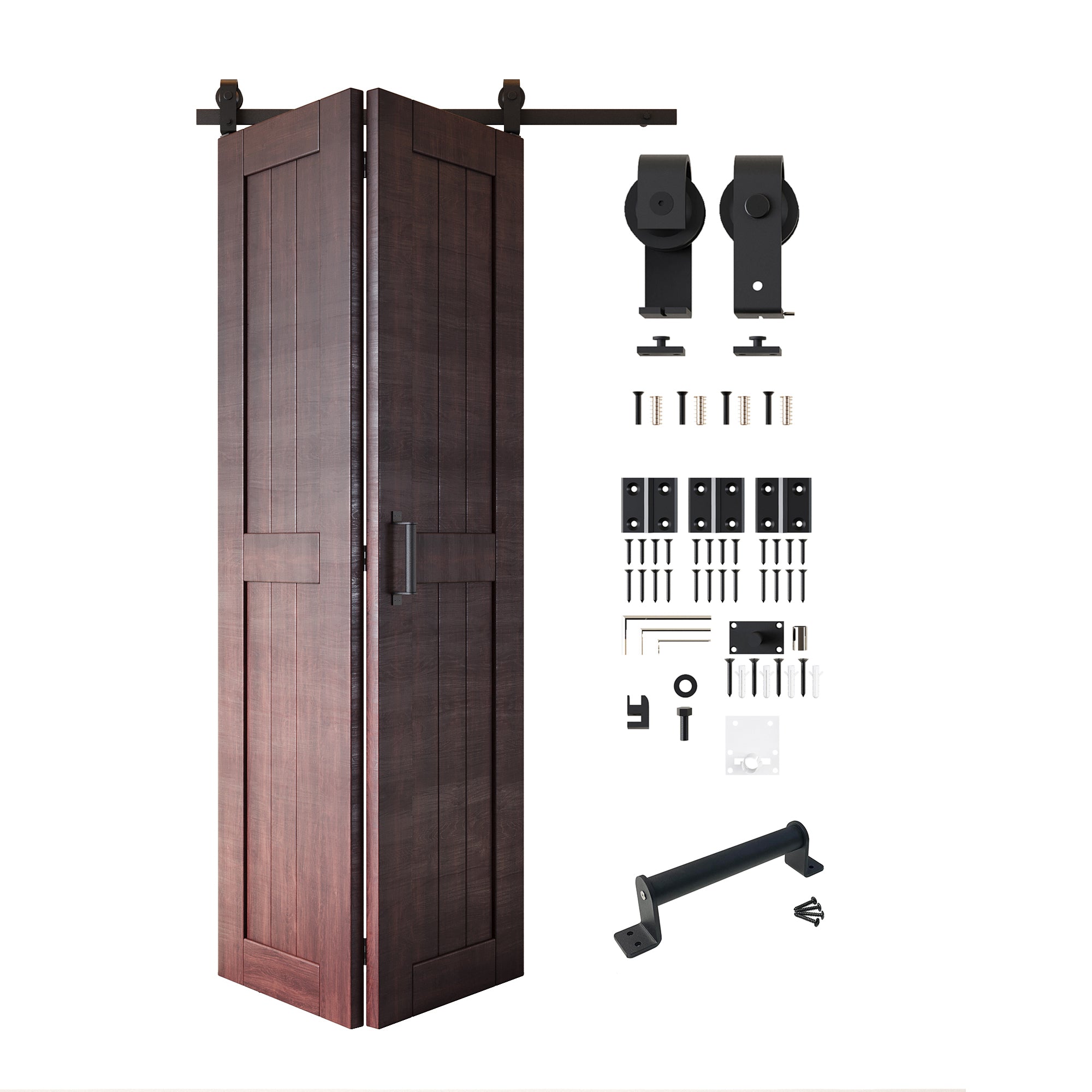 5-in-1 84in Red Mahogany Finished Barn Door with Bi-Fold Top Mount Hardware Kit - T-shape Roller