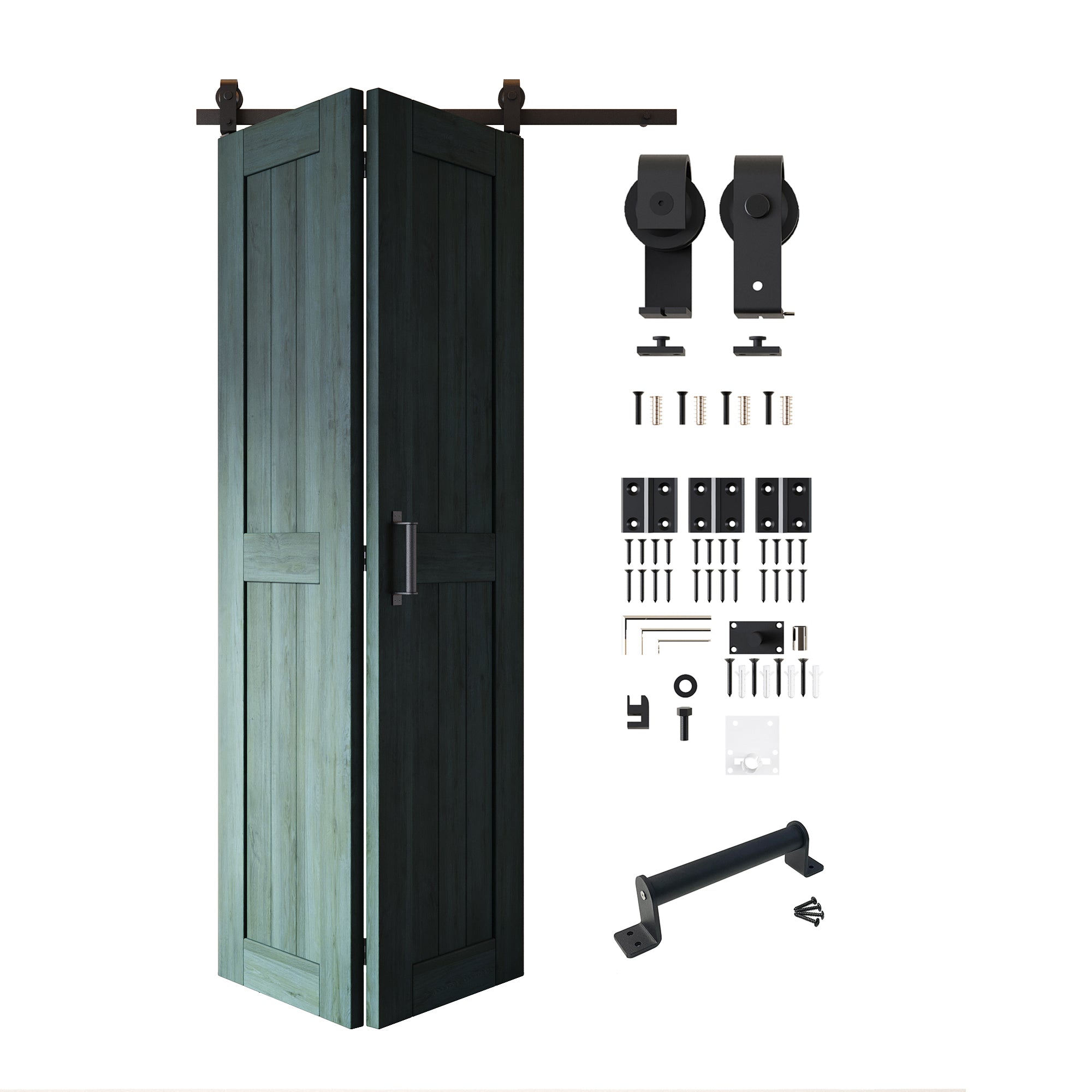 5-in-1 84in Royal Pine Finished Barn Door with Bi-Fold Top Mount Hardware Kit - T-shape Roller