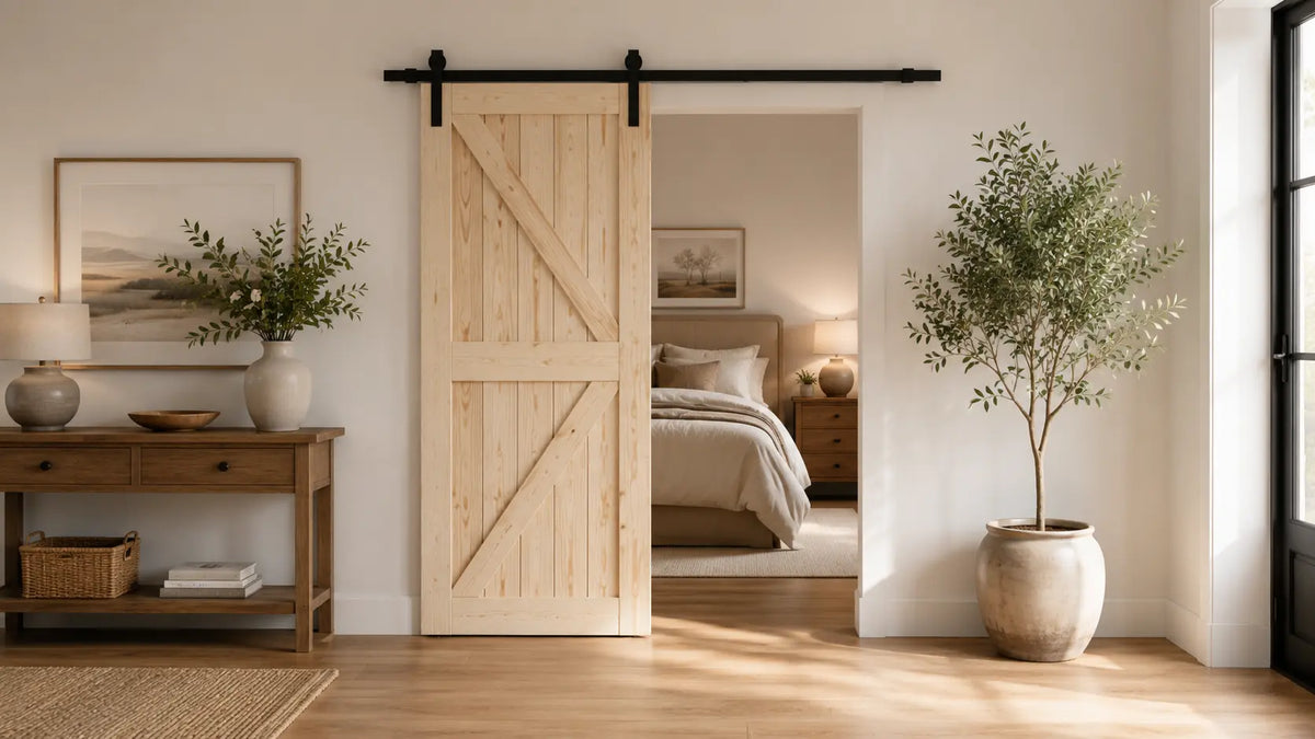 A light natural wood sliding barn door with a black metal rail, shown installed in a bright, modern bedroom interior with a bed visible through the opening.