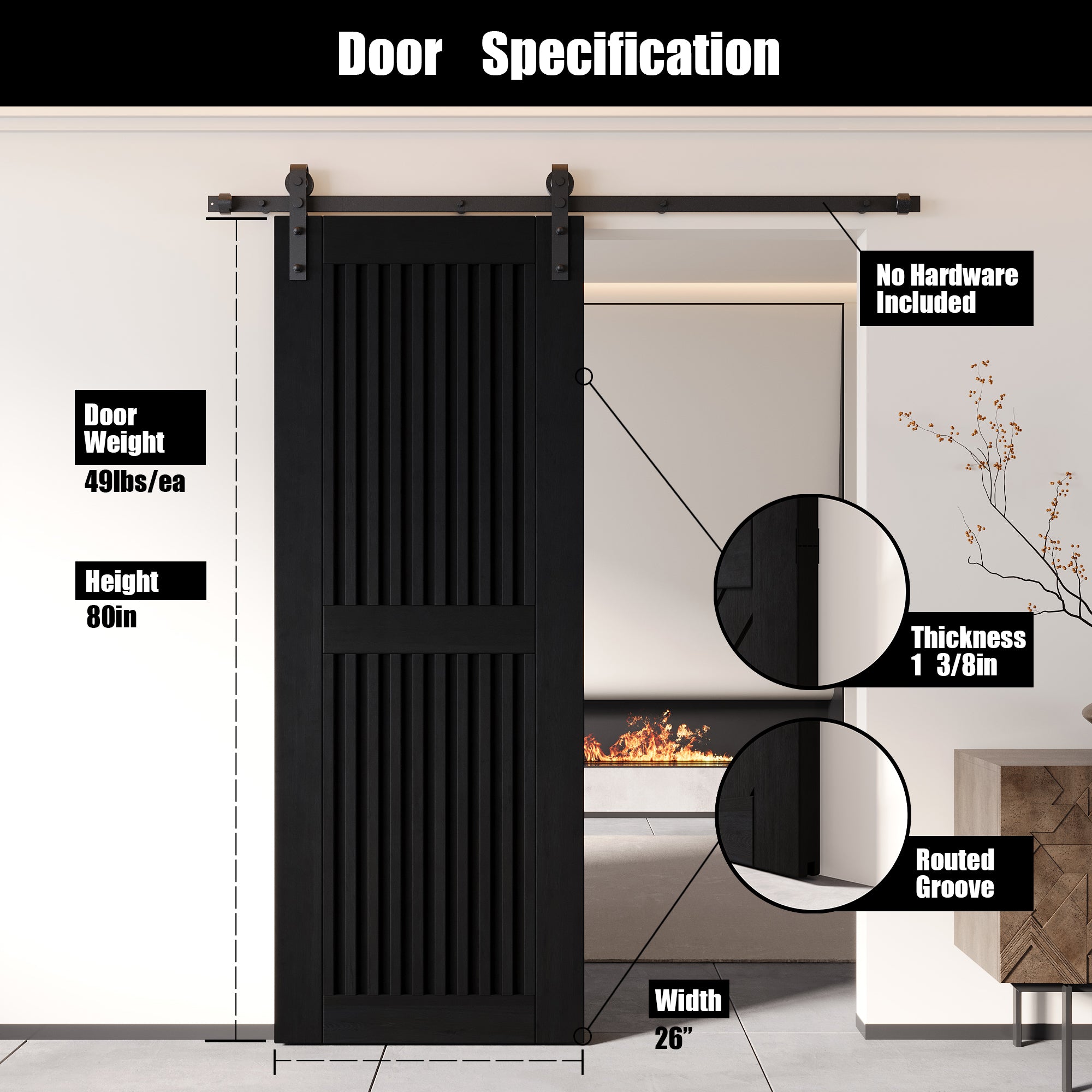 80" Height Black Vertical Stripe Design Unassembled & Finished Pine Wood Barn Door (Interior Use Only)