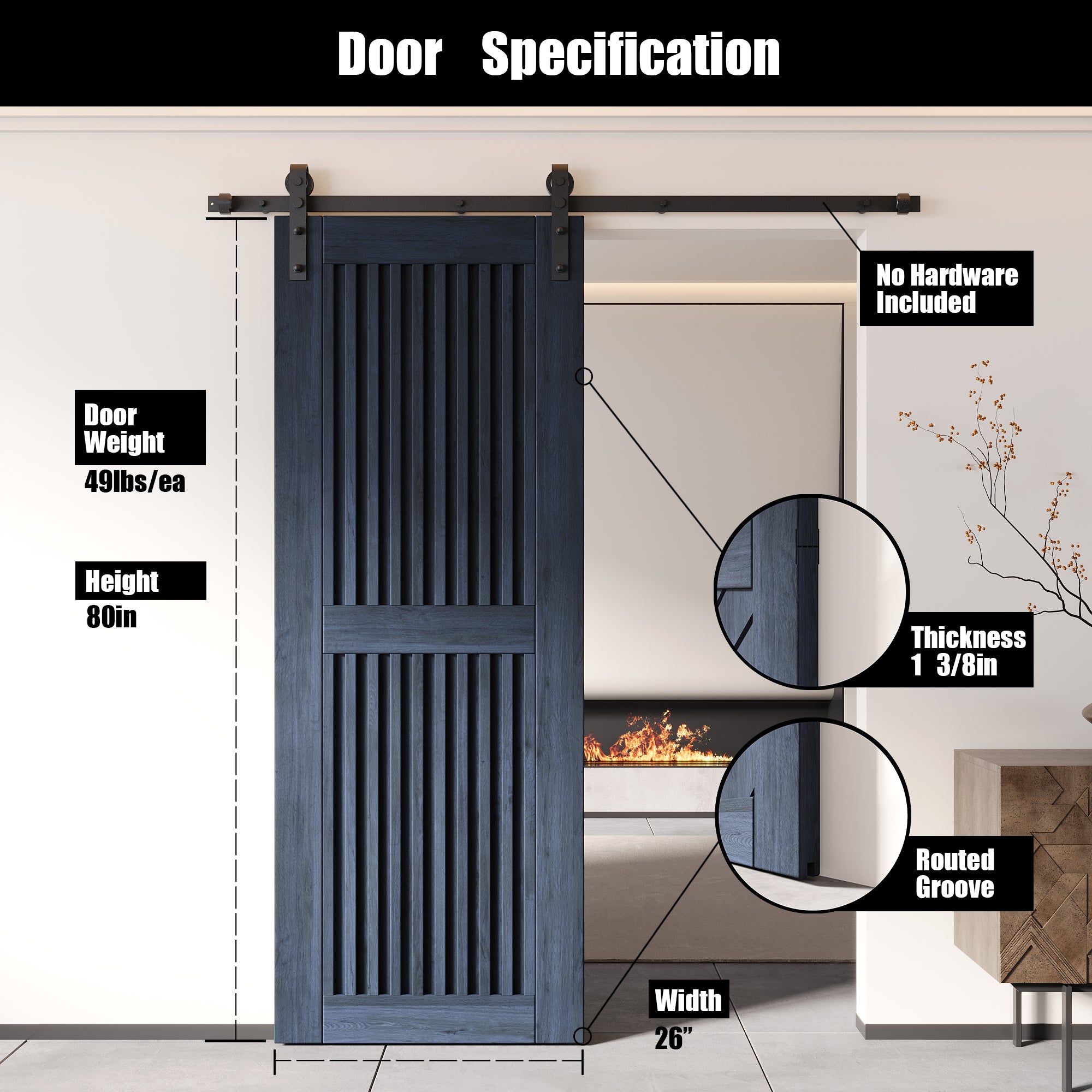 80" Height Navy Vertical Stripe Design Unassembled & Finished Pine Wood Barn Door (Interior Use Only)