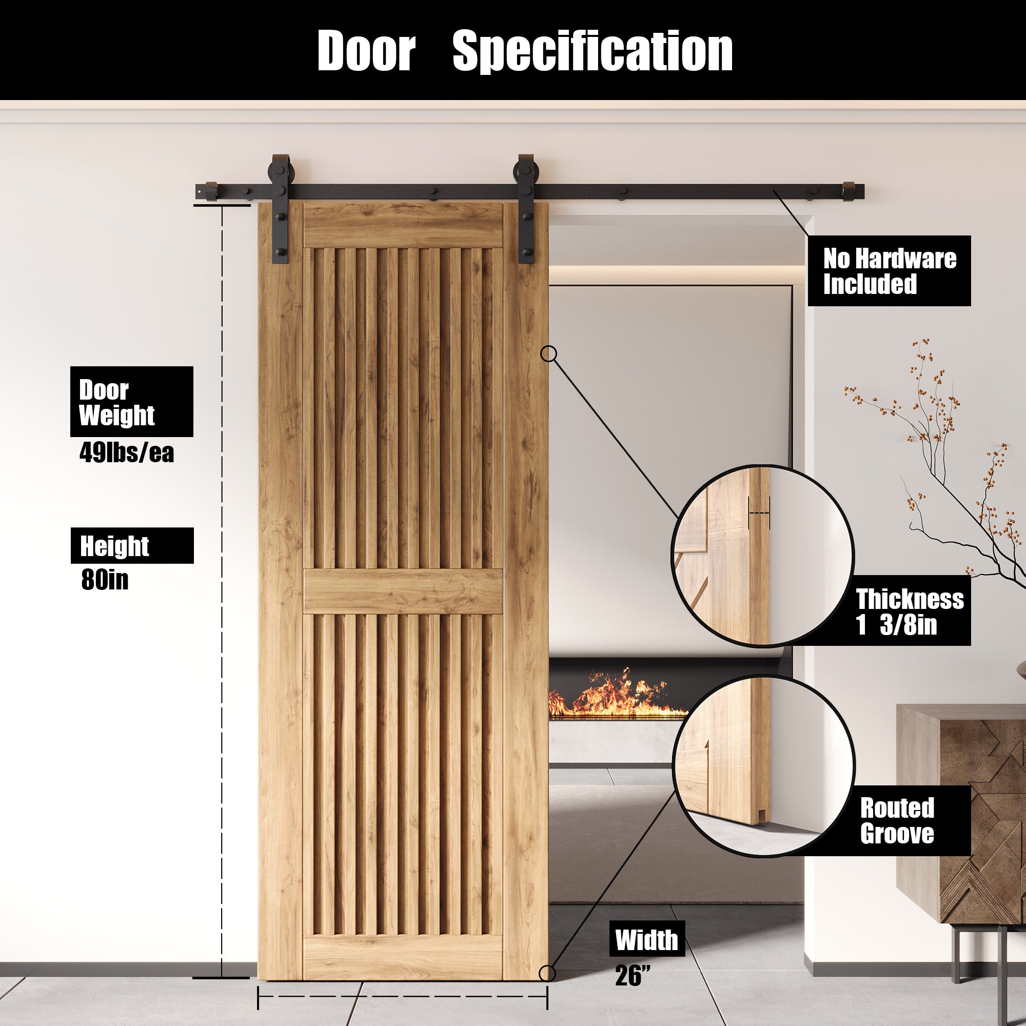 80" Height Vertical Stripe Design Unassembled & Unfinished Pine Wood Barn Door (Interior Use Only)