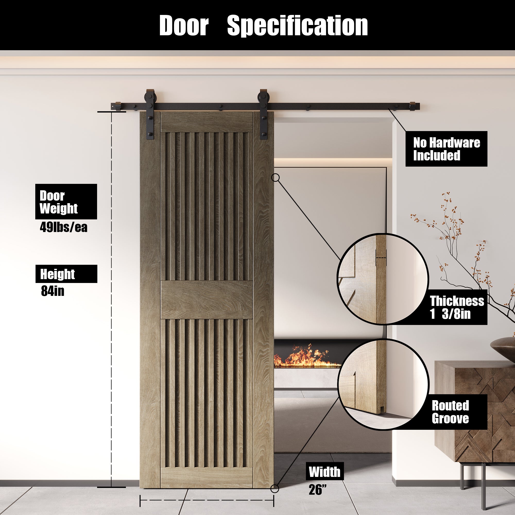 84" Height Classic Gray Vertical Stripe Design Unassembled & Finished Pine Wood Barn Door (Interior Use Only)